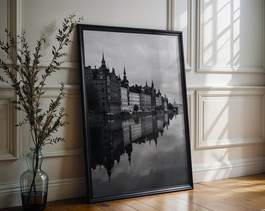 World Landmark | Stockholm Waterfront Print | Black and White Photography, Nordic Architecture wall art print, black and white architectural poster, minimalist modern Scandinavian wall decor, Monohaus