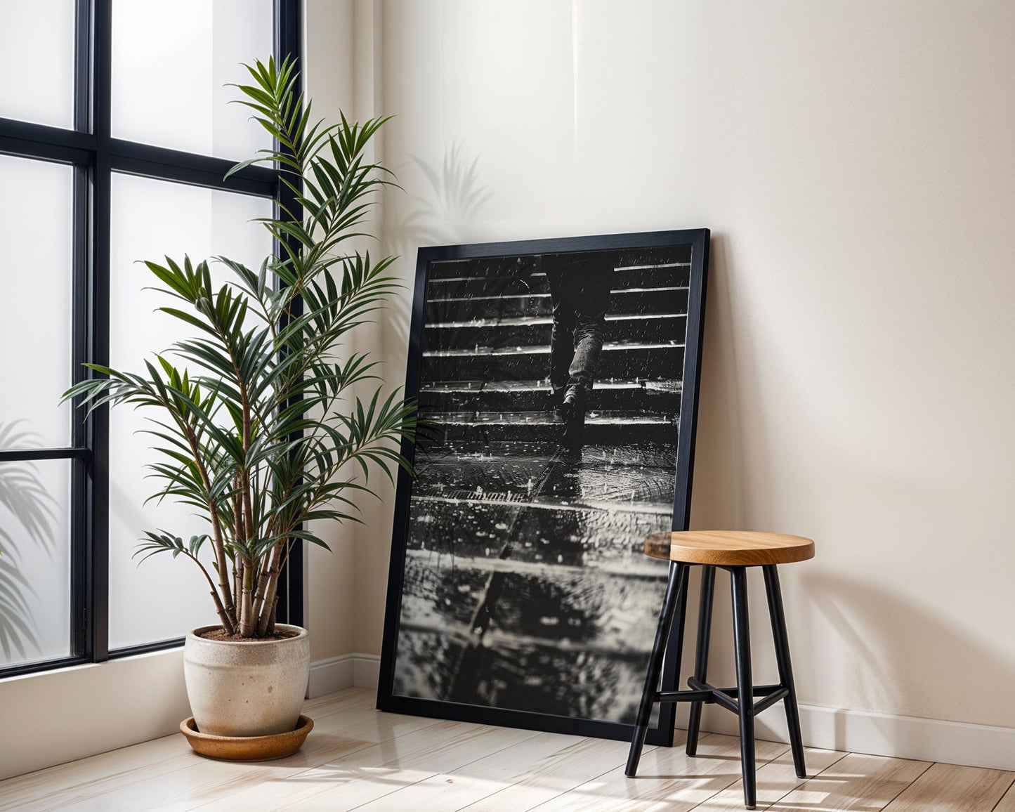 Urban Photography | Moody Rain Print | Atmospheric Street Scene Noir Film Vibe black and white photo print, minimalist monochrome wall art poster for modern interiors, Monohaus