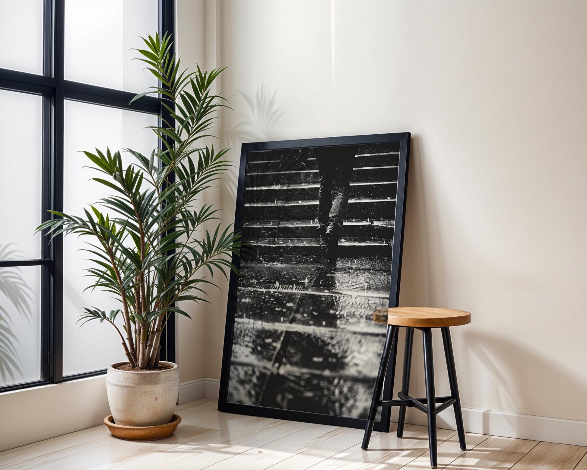 Urban Photography | Moody Rain Print | Atmospheric Street Scene Noir Film Vibe black and white photo print, minimalist monochrome wall art poster for modern interiors, Monohaus