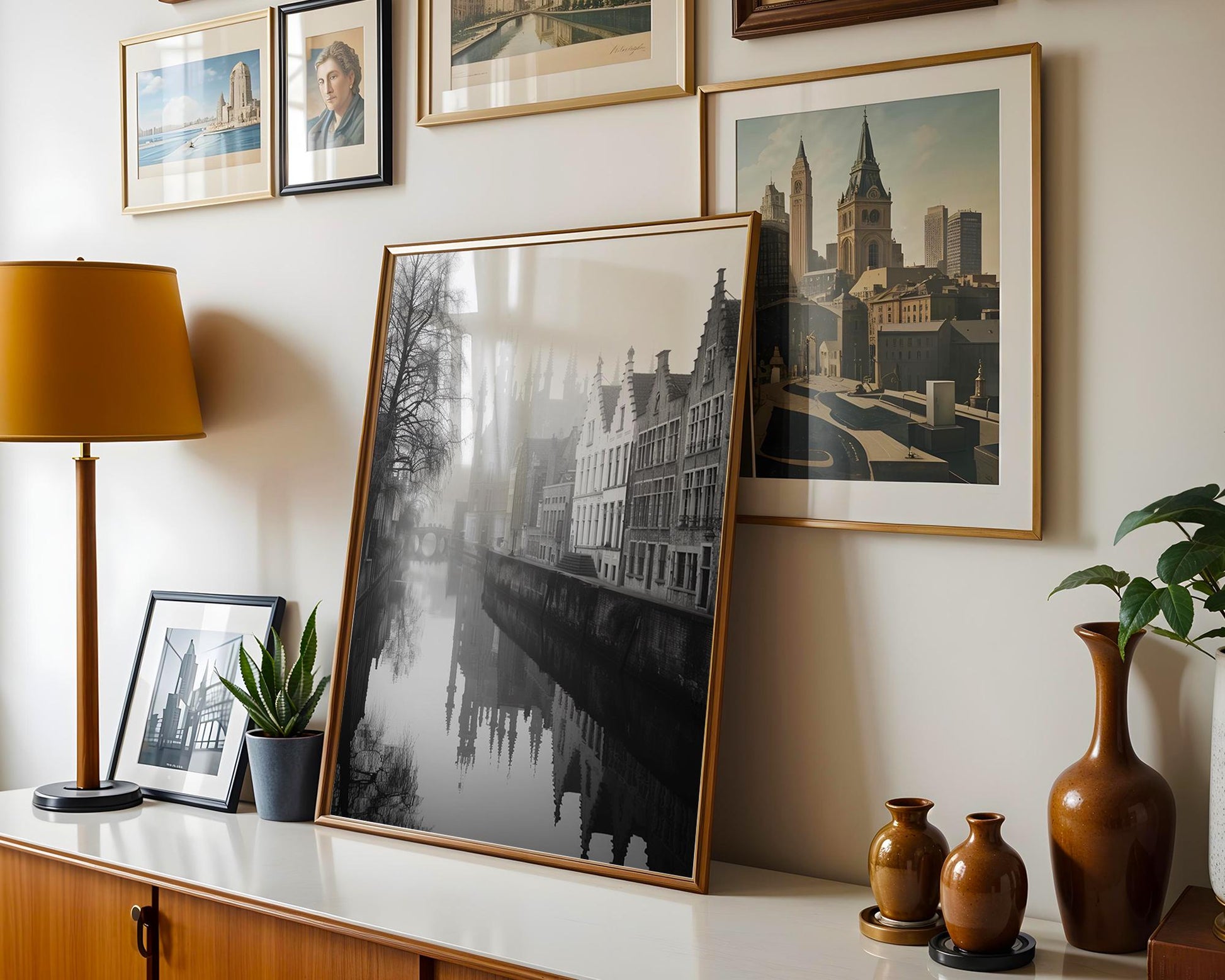 World Landmark | Bruges Belgium Photography Print | Black and White Canal Reflection wall art print, minimalist black and white poster, modern Scandinavian wall decor, Monohaus