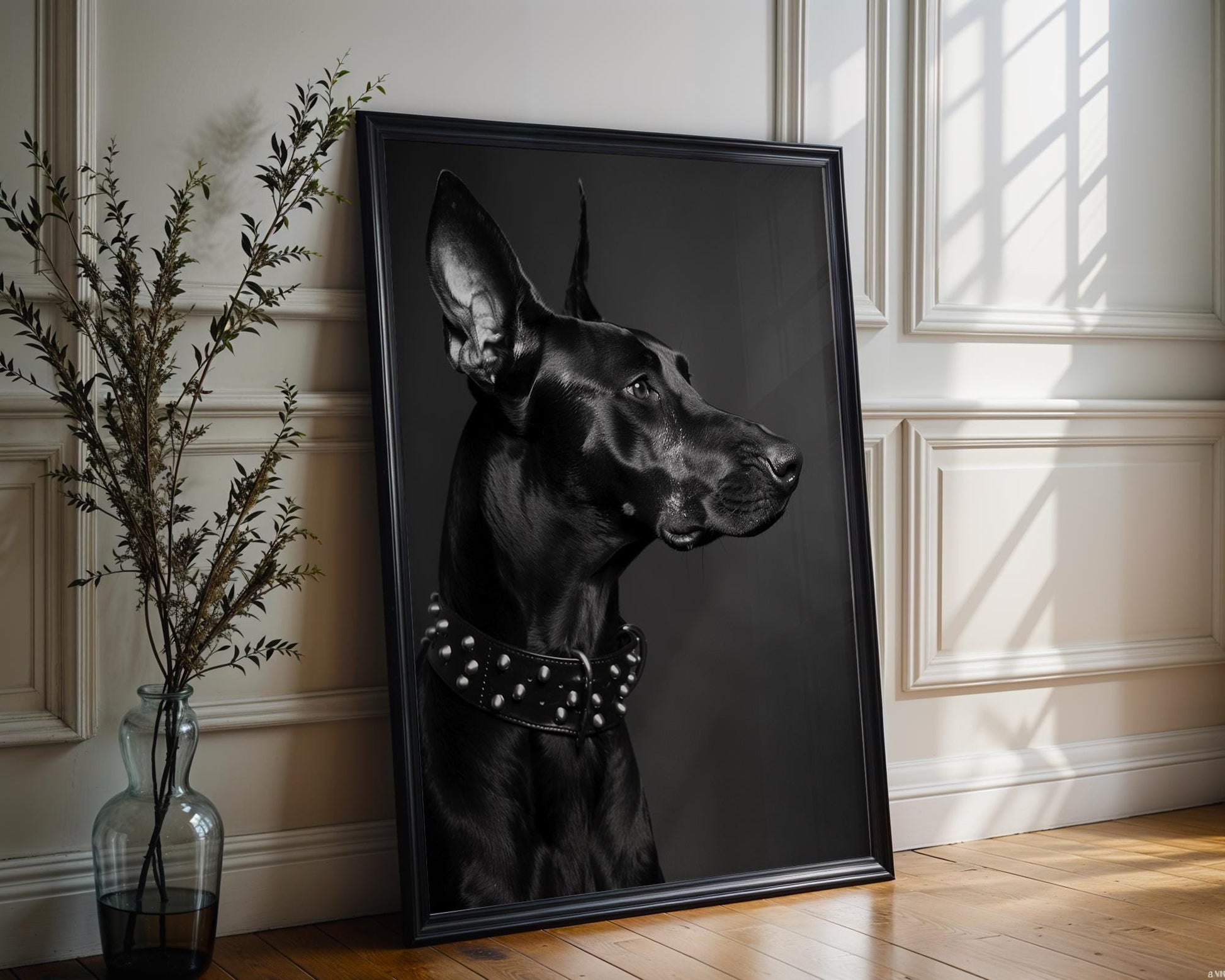 Dog Photography Doberman Art Print | Studded Collar Pet Photo, Modern Home Decor wall art print, minimalist black and white poster, modern Scandinavian wall decor, Monohaus