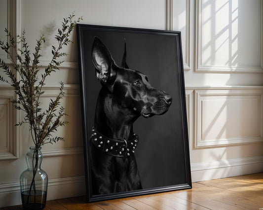 Dog Photography Doberman Art Print | Studded Collar Pet Photo, Modern Home Decor wall art print, minimalist black and white poster, modern Scandinavian wall decor, Monohaus