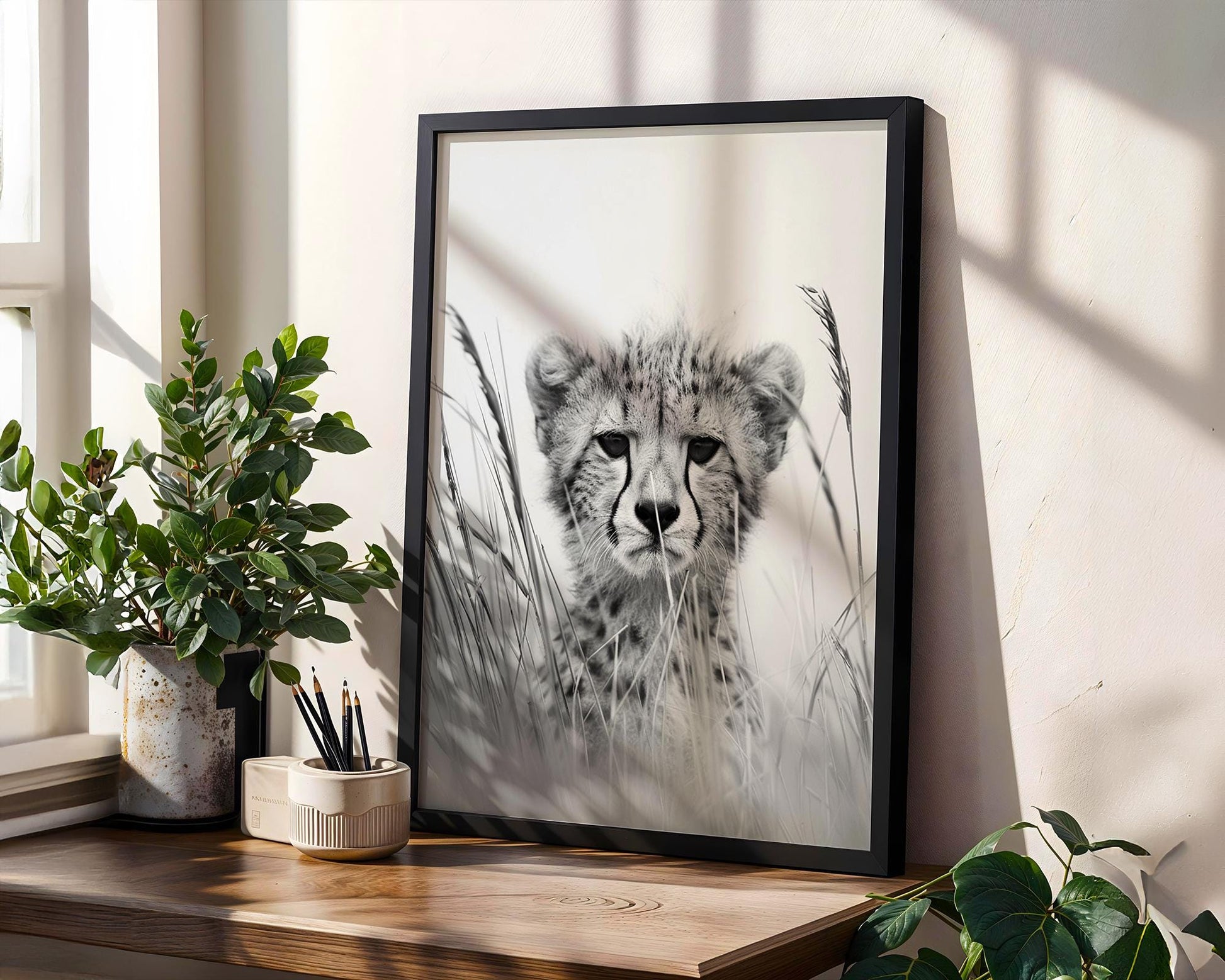 Wildlife Poster | Cheetah Cub Fine Art Print | Black & White Minimal Photography wall art print, minimalist black and white poster, modern Scandinavian wall decor, Monohaus