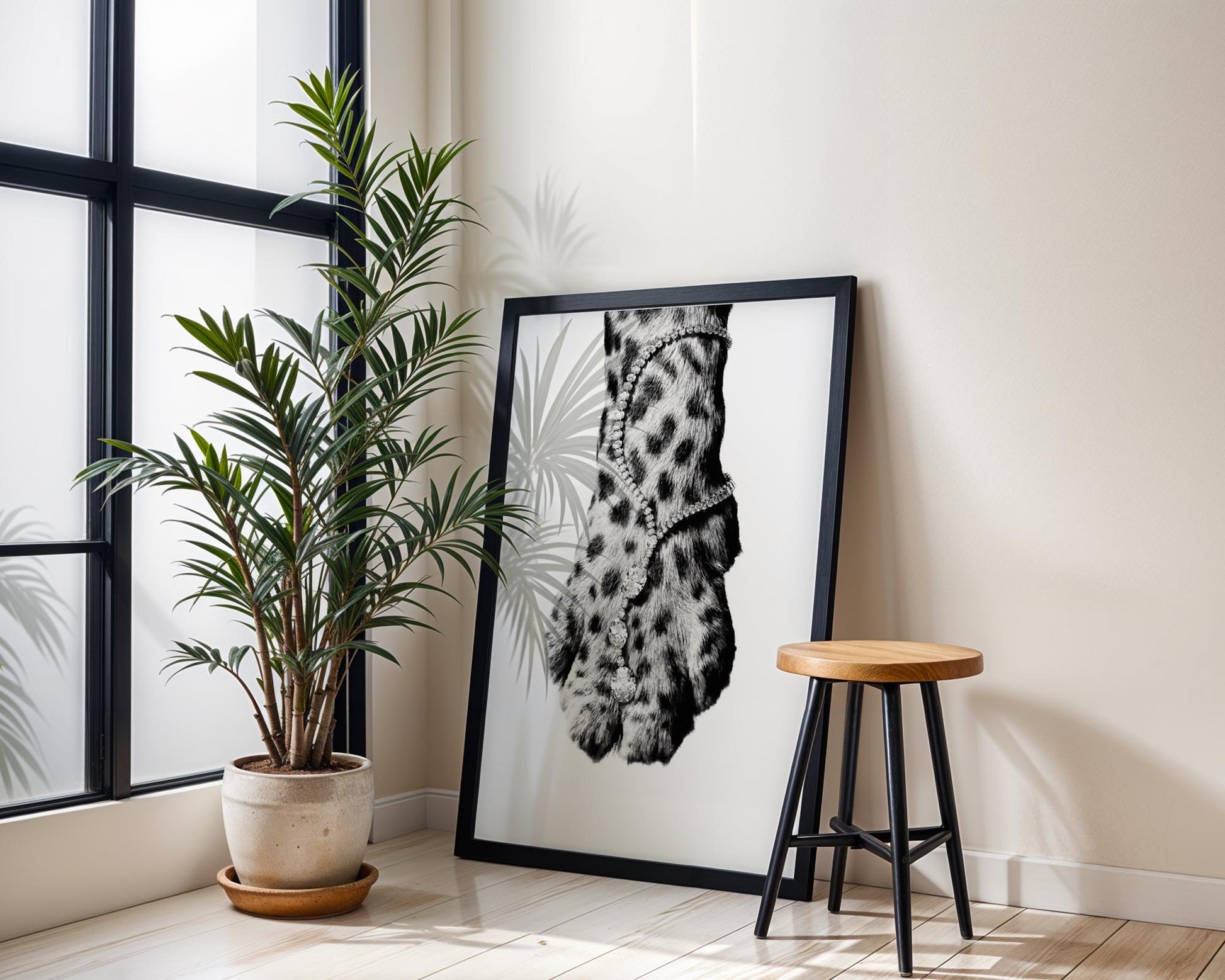 Designer Wall Art | Leopard Paw Print | Black and White Animal Photography, Glam Decor wall art print, minimalist black and white poster, modern Scandinavian wall decor, Monohaus