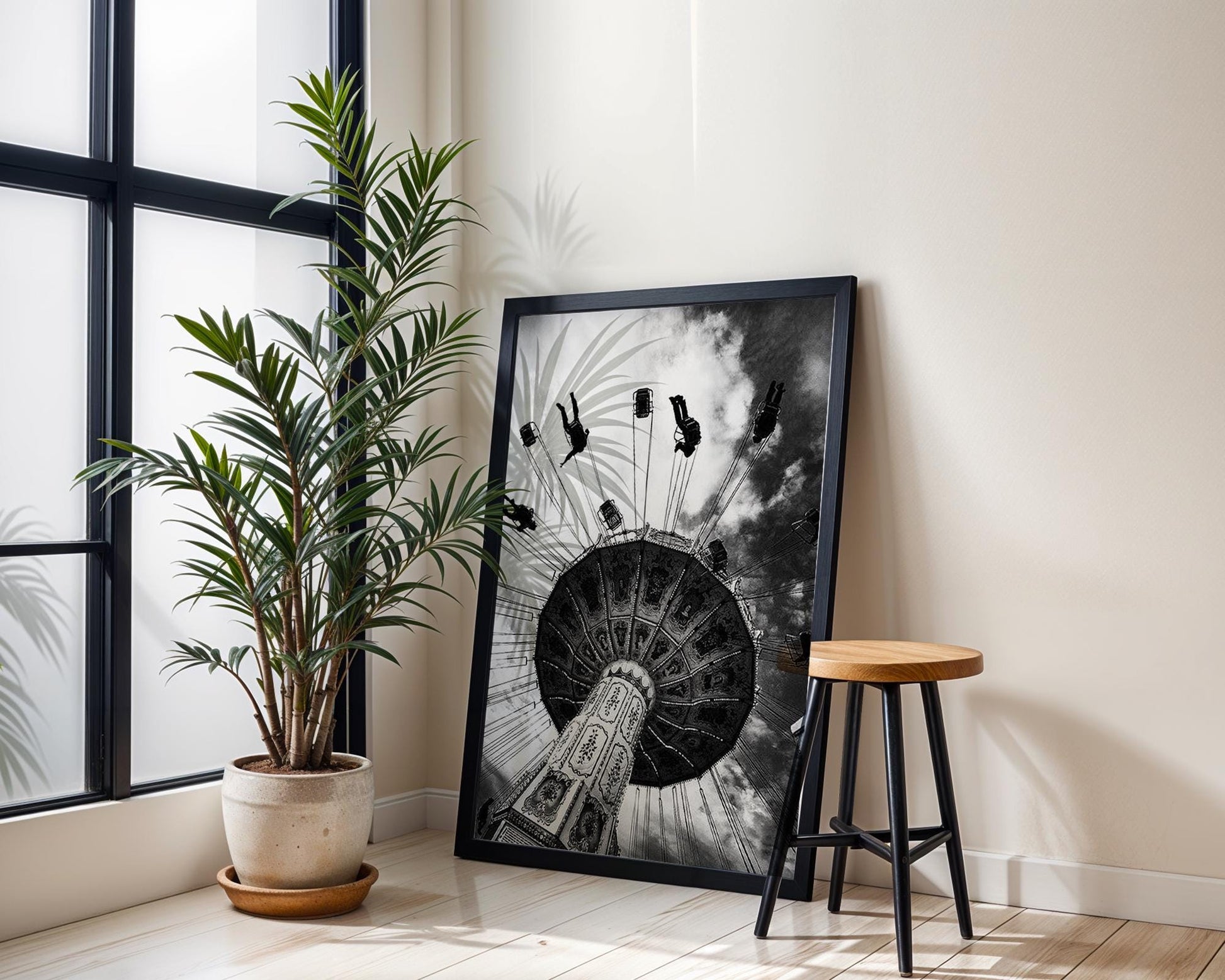 Designer Wall Art | Black and White Swing Ride Photo | Vintage Carnival Art Print wall art print, minimalist black and white poster, modern Scandinavian wall decor, Monohaus