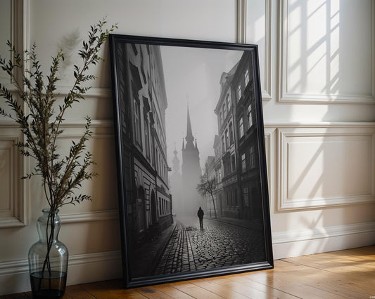 World Landmark | Prague Fog Photography Print | Black and White Gothic Architecture wall art print, black and white architectural poster, minimalist modern Scandinavian wall decor, Monohaus