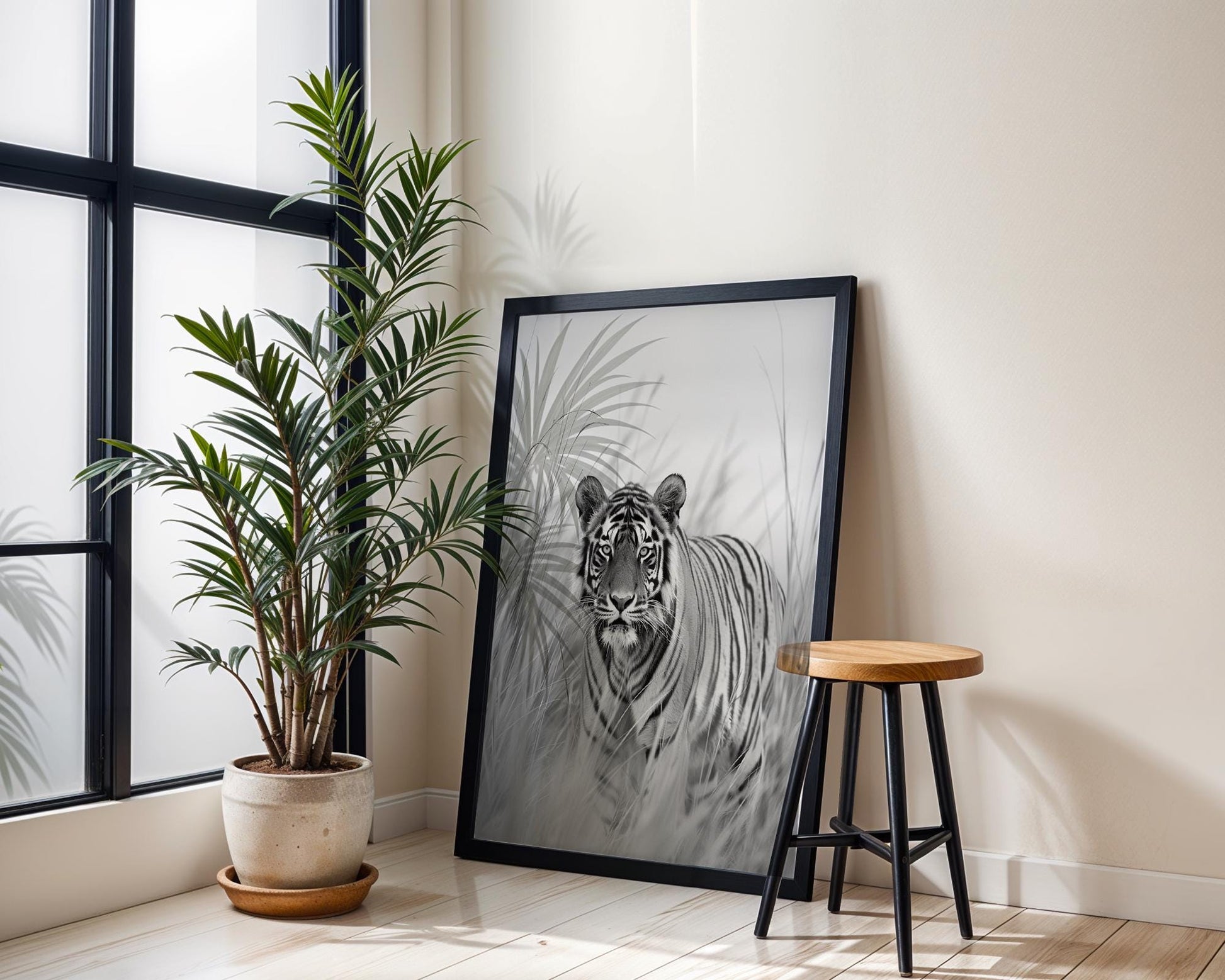 Wildlife Poster | Tiger Photography Print • Black & White Safari  Art wall art print, minimalist black and white poster, modern Scandinavian wall decor, Monohaus