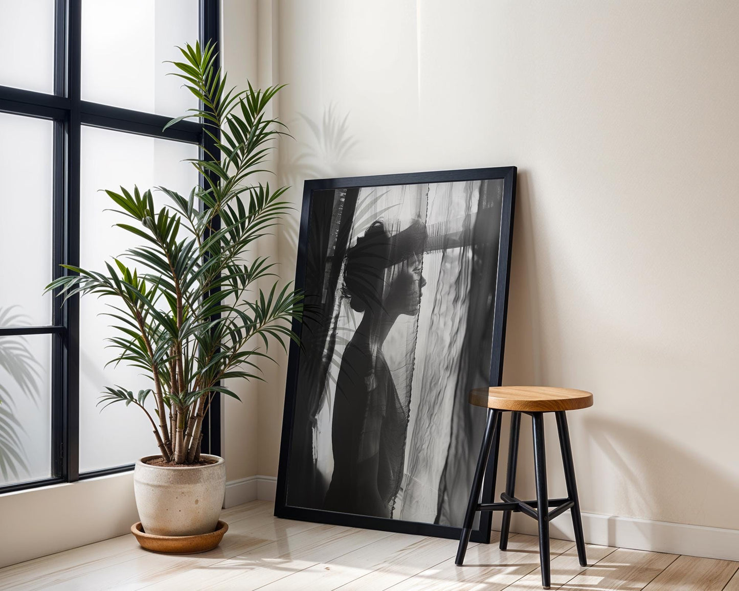 Sheer Curtain Portrait Print | Moody Black and White, Vintage Wall Art wall art print, minimalist black and white poster, modern Scandinavian wall decor, Monohaus