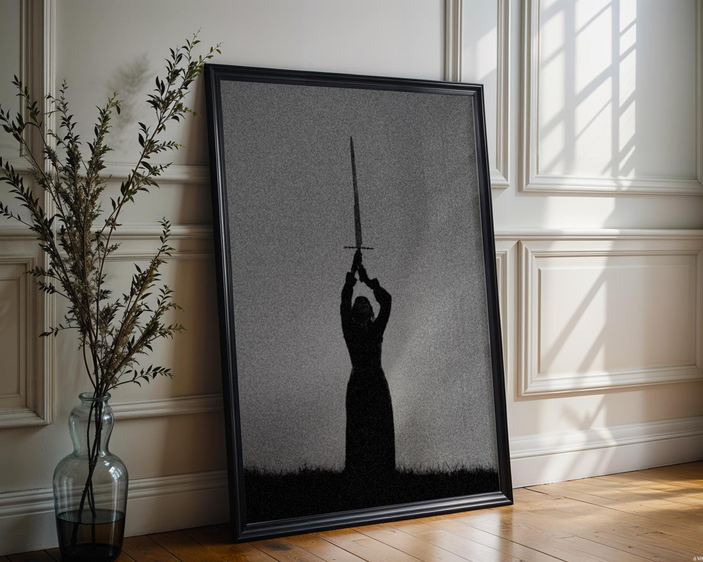 Designer Wall Art | Sword Silhouette Print | Dark Gothic Warrior Art, Fantasy Decor wall art print, minimalist black and white poster, modern Scandinavian wall decor, Monohaus