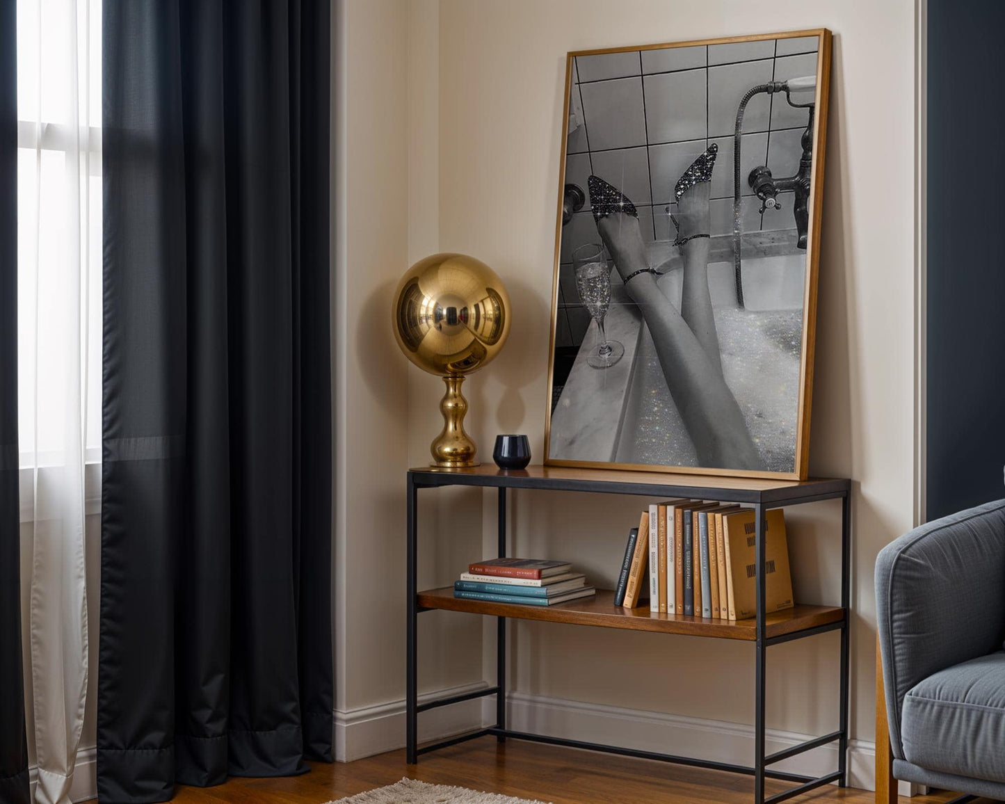 Designer Wall Art | Sparkle Heels Bath Print | Glam Monochrome Photography wall art print, minimalist black and white poster, modern Scandinavian wall decor, Monohaus