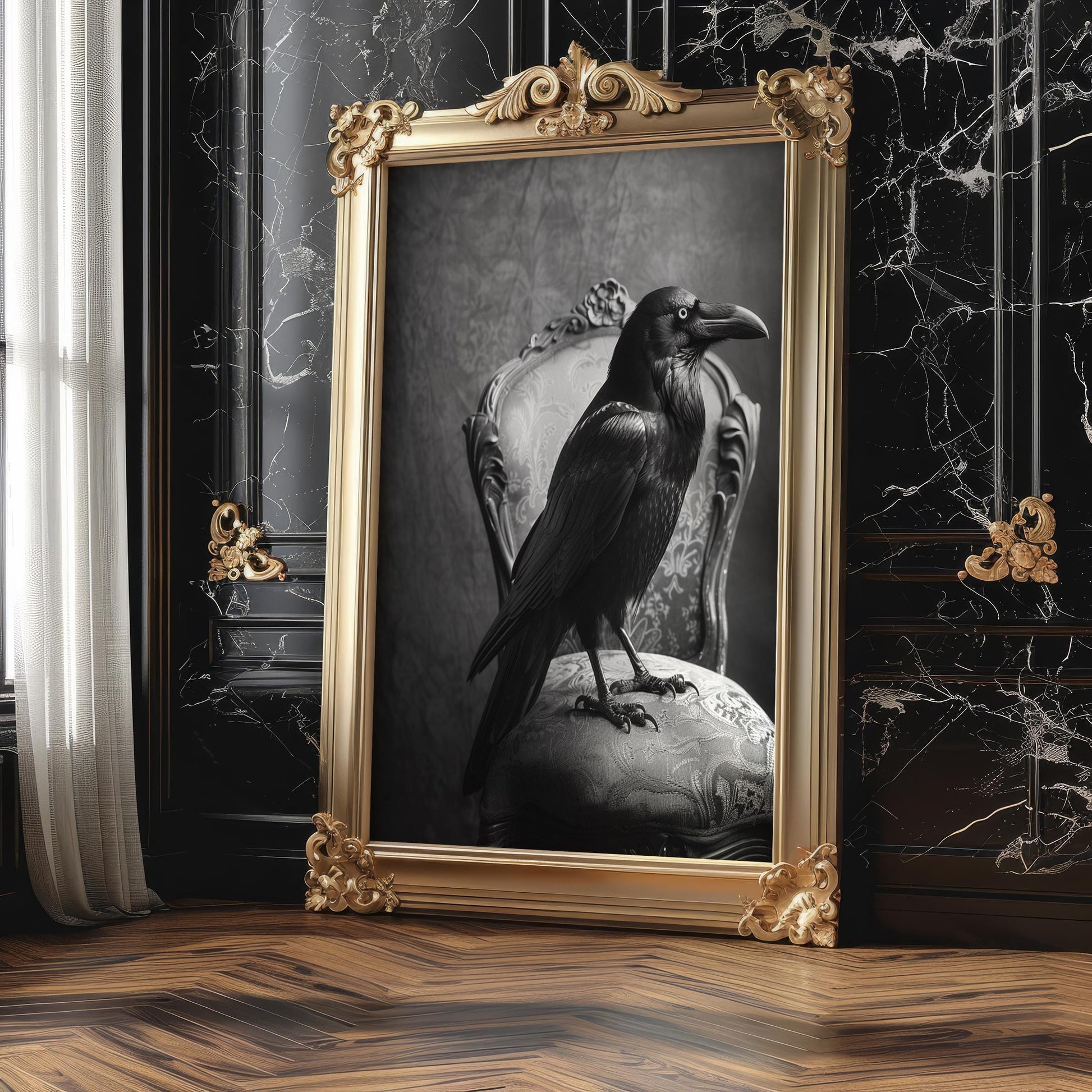 Designer Wall Art | Raven Portrait Art Print | Gothic Dark Academia, Black and White wall art print, minimalist black and white poster, modern Scandinavian wall decor, Monohaus