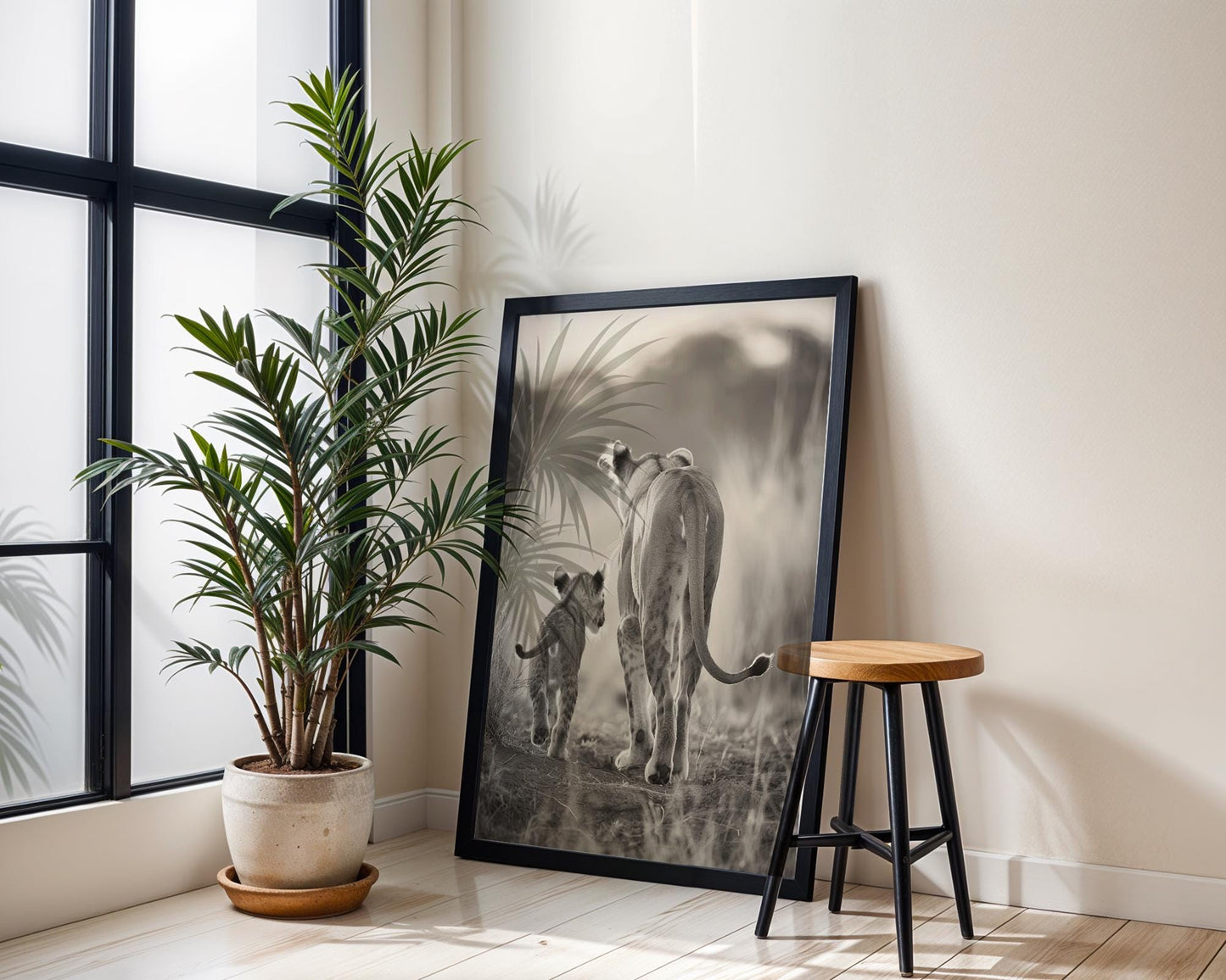 Wildlife Poster | Lion Cub & Mother Sepia Print | Minimalist Safari Wall Art wall art print, minimalist black and white poster, modern Scandinavian wall decor, Monohaus