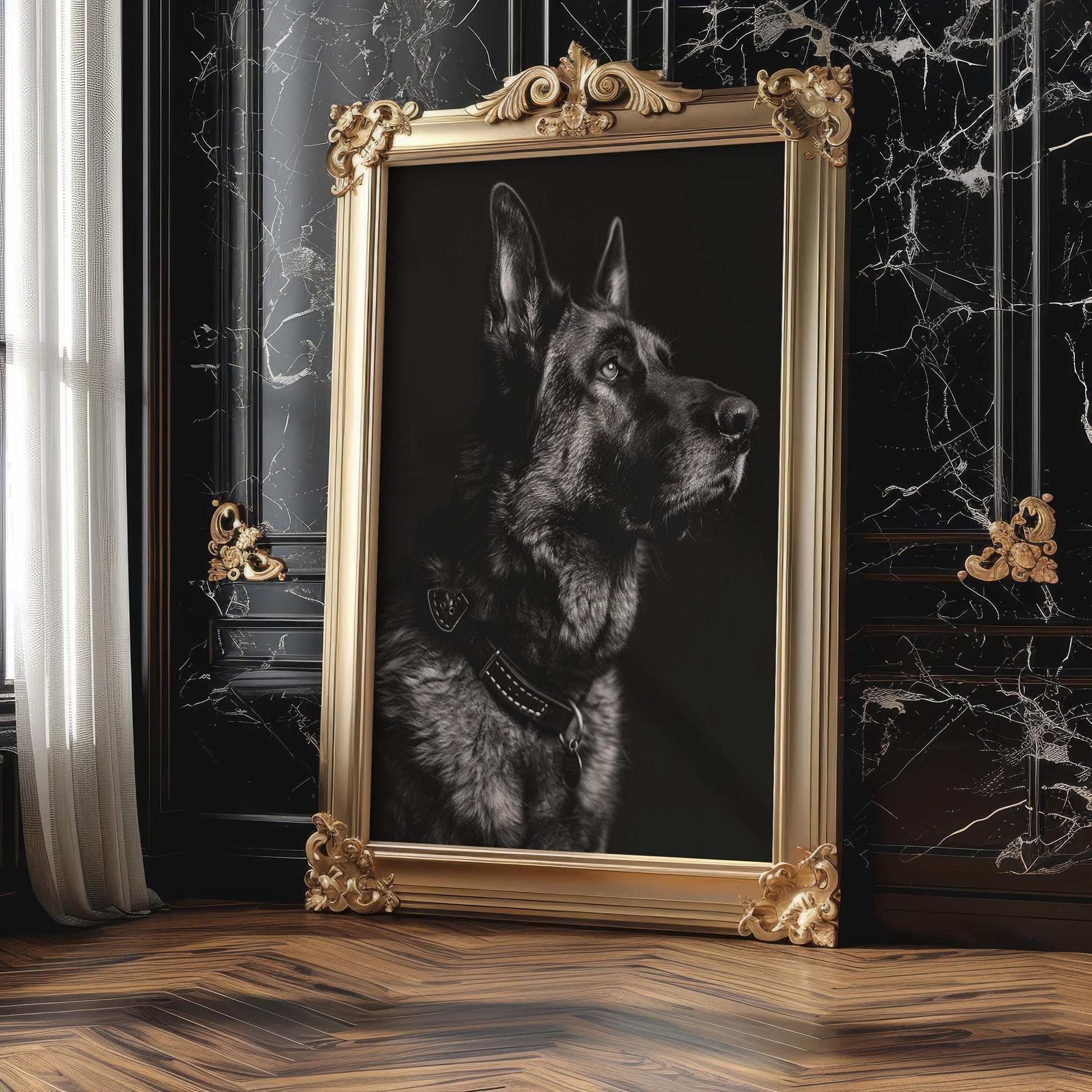 Dog Photography Black German Shepherd Print | Moody Pet Portrait, Modern Home Decor wall art print, minimalist black and white poster, modern Scandinavian wall decor, Monohaus