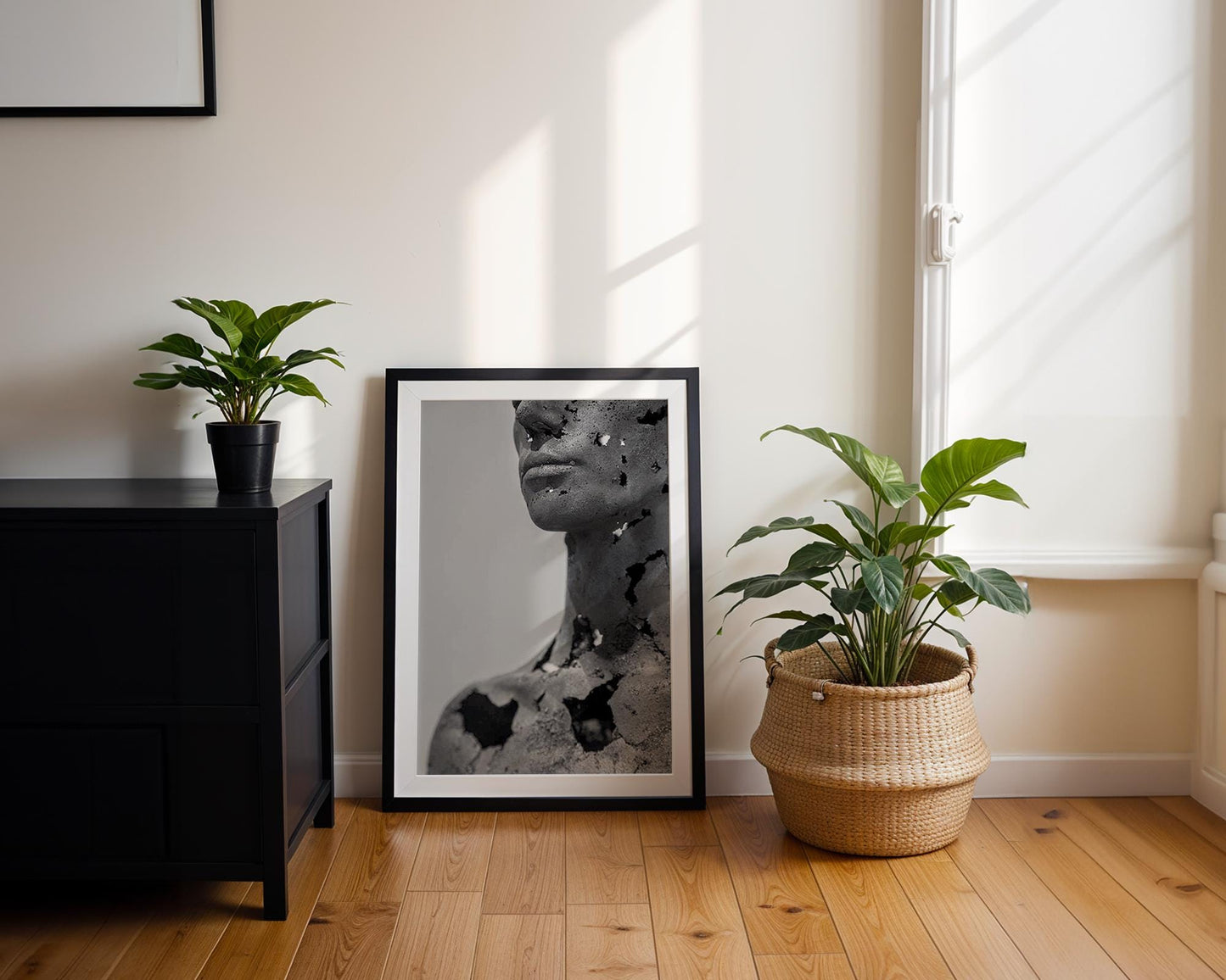 Designer Wall Art | Cracked Face Sculpture Print | Dark Gothic Modern Art wall art print, minimalist black and white poster, modern Scandinavian wall decor, Monohaus