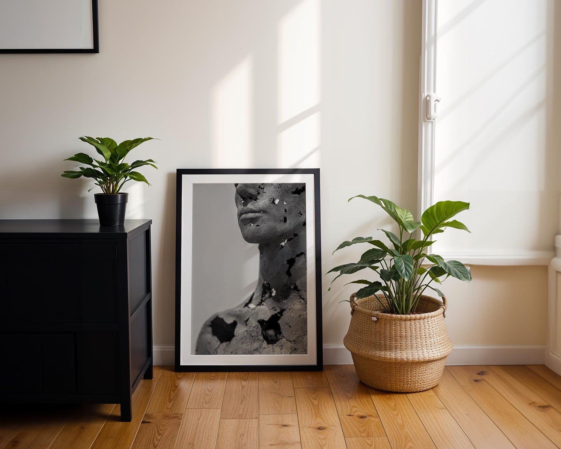 Designer Wall Art | Cracked Face Sculpture Print | Dark Gothic Modern Art wall art print, minimalist black and white poster, modern Scandinavian wall decor, Monohaus