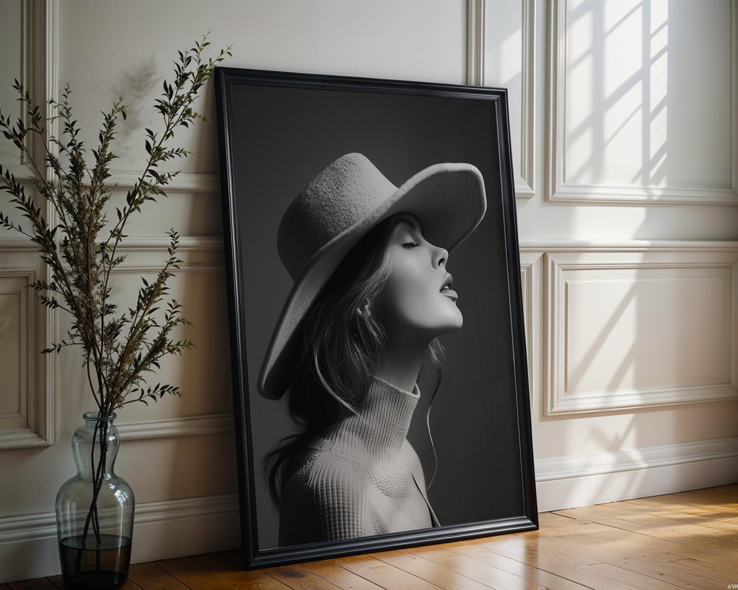 Minimal Wall Art Moody Woman Portrait Print | Elegant Scandi Home Decor wall art print, minimalist black and white poster, modern Scandinavian wall decor, Monohaus