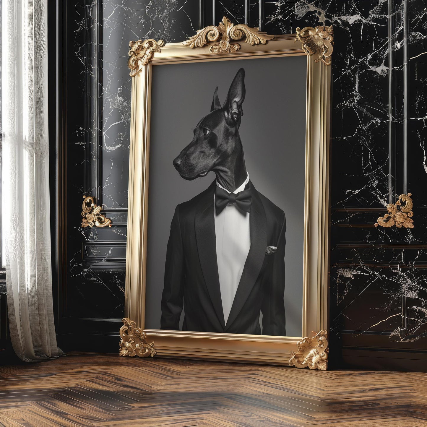 Dog Photography Doberman in Tuxedo Art Print | Minimalist Pet Portrait wall art print, minimalist black and white poster, modern Scandinavian wall decor, Monohaus