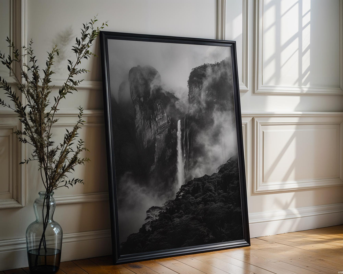 World Landmark | Andes Waterfall Photography Print | Black and White Minimalist Wall Art wall art print, minimalist black and white poster, modern Scandinavian wall decor, Monohaus