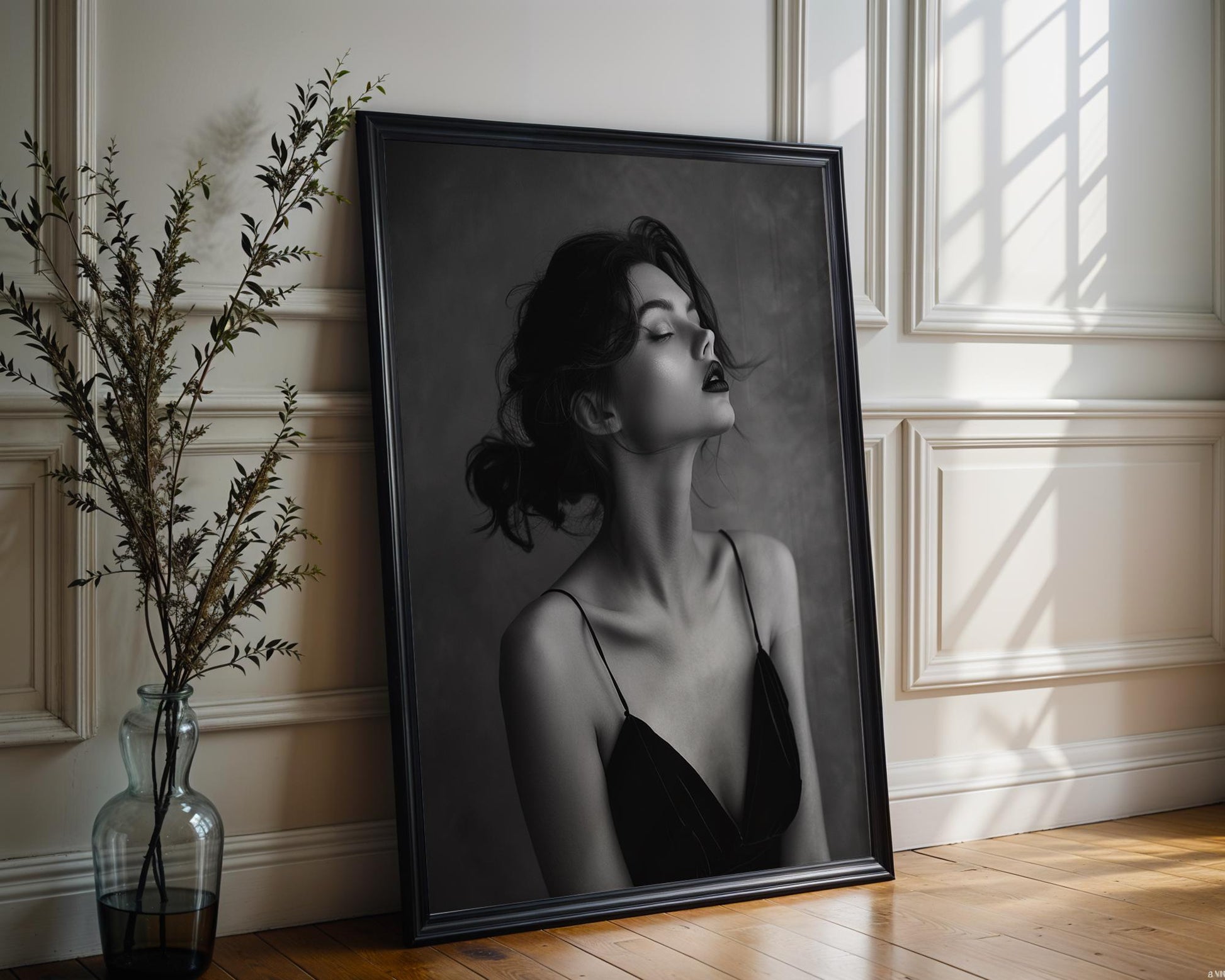 Minimal Wall Art Ethereal Woman Portrait Print | Moody Black Velvet Dress Art wall art print, minimalist black and white poster, modern Scandinavian wall decor, Monohaus