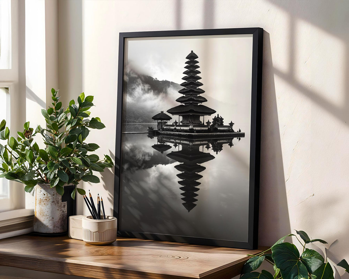 World Landmark | Ulun Danu Temple Print | Bali Lake Reflection, Black and White Asia Art wall art print, minimalist black and white poster, modern Scandinavian wall decor, Monohaus