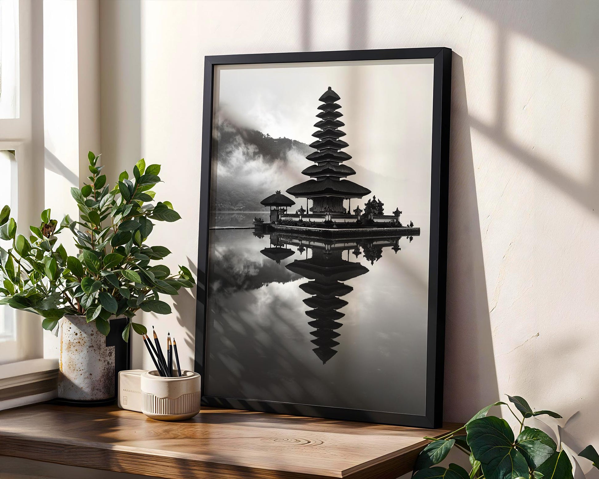 World Landmark | Ulun Danu Temple Print | Bali Lake Reflection, Black and White Asia Art wall art print, minimalist black and white poster, modern Scandinavian wall decor, Monohaus