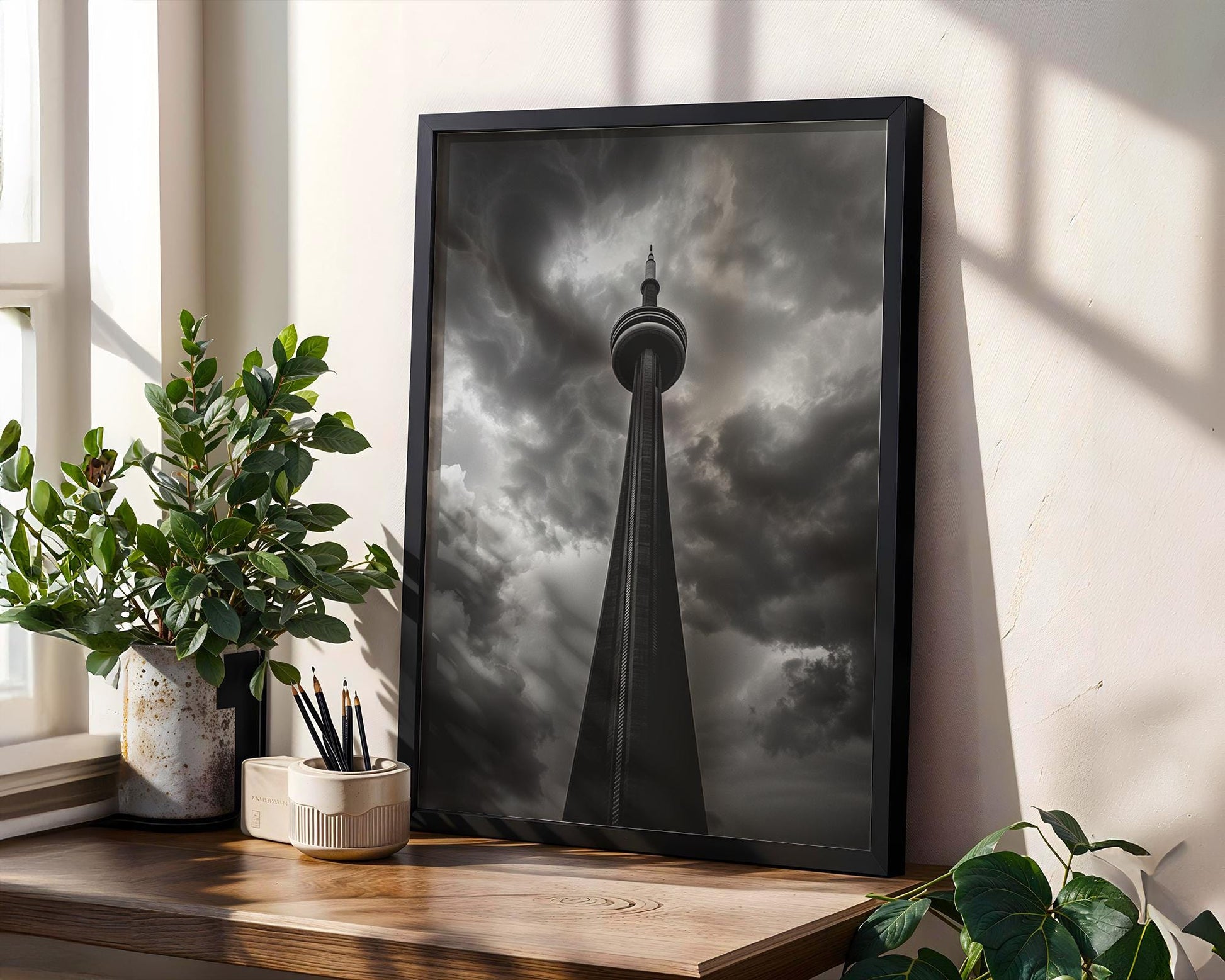 World Landmark | CN Tower Print | Dramatic Storm Clouds, Toronto Photography wall art print, black and white architectural poster, minimalist modern Scandinavian wall decor, Monohaus
