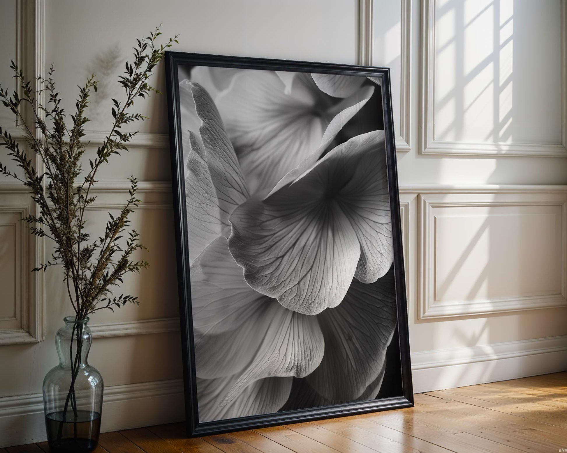 Botanical Photo | Moody Black and White Flower Art | Minimal Wall Art  Print | Dramatic Floral Petal Bathroom Poster | Modern Home Decor wall art print, minimalist black and white poster, modern Scandinavian wall decor, Monohaus