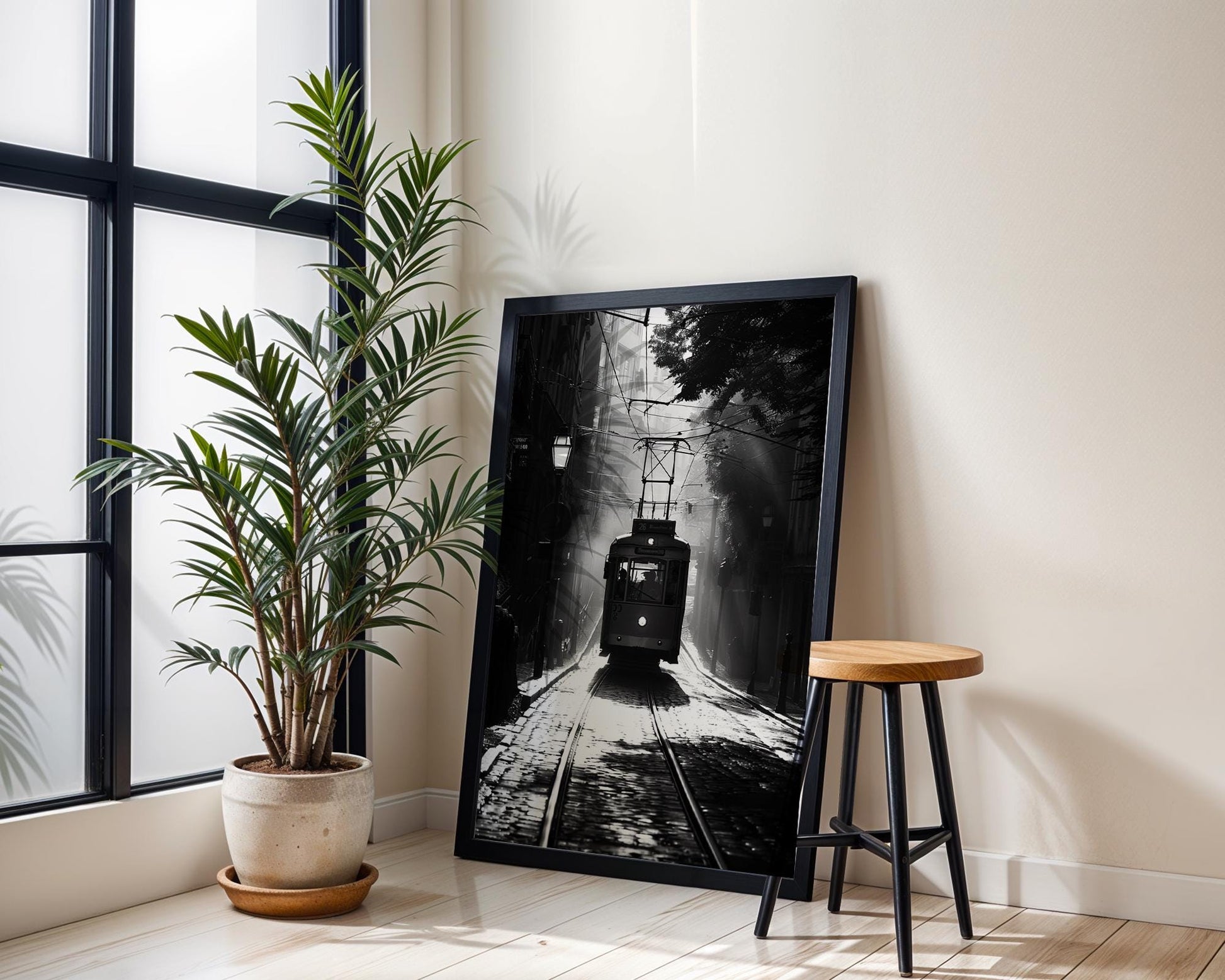 World Landmark | Lisbon Tram Print | Black and White Portugal Street Photography black and white photo print, minimalist monochrome wall art poster for modern interiors, Monohaus