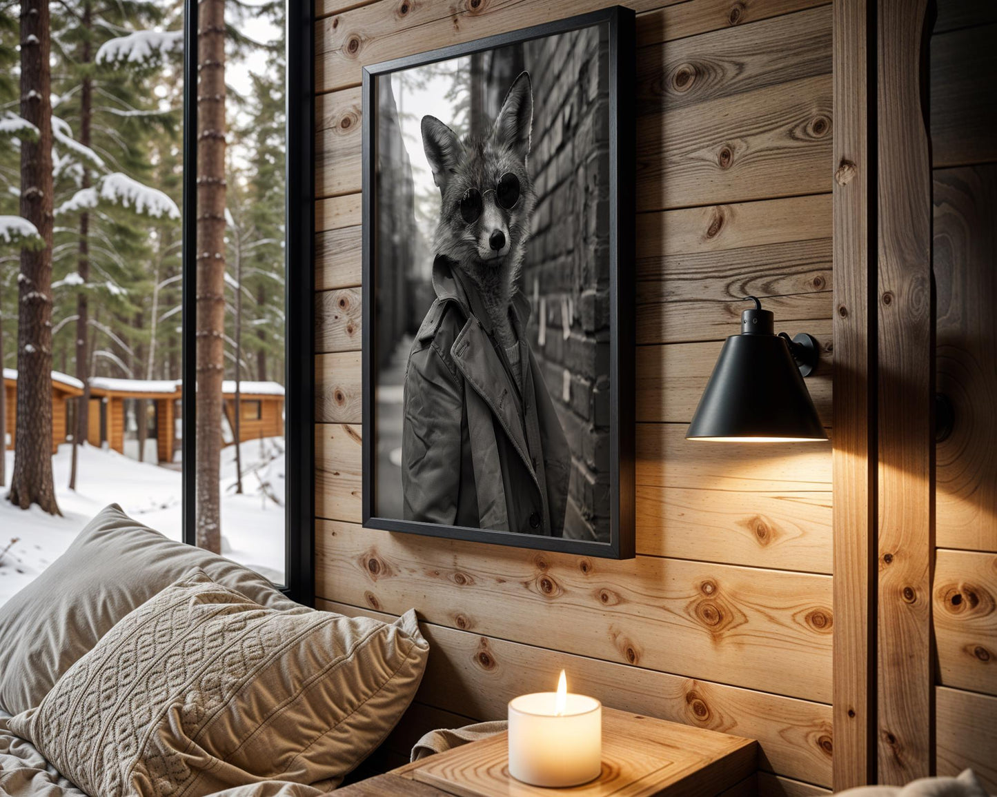 Designer Wall Art | Fox with Sunglasses Art Print | Black and White Animal Portrait wall art print, minimalist black and white poster, modern Scandinavian wall decor, Monohaus