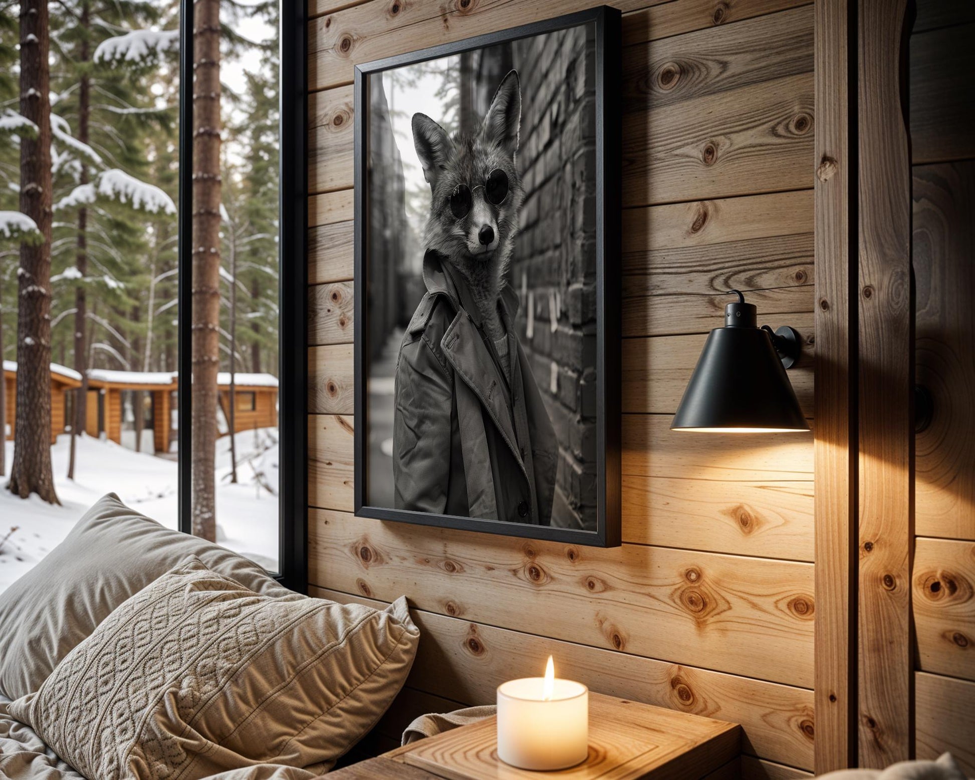 Designer Wall Art | Fox with Sunglasses Art Print | Black and White Animal Portrait wall art print, minimalist black and white poster, modern Scandinavian wall decor, Monohaus