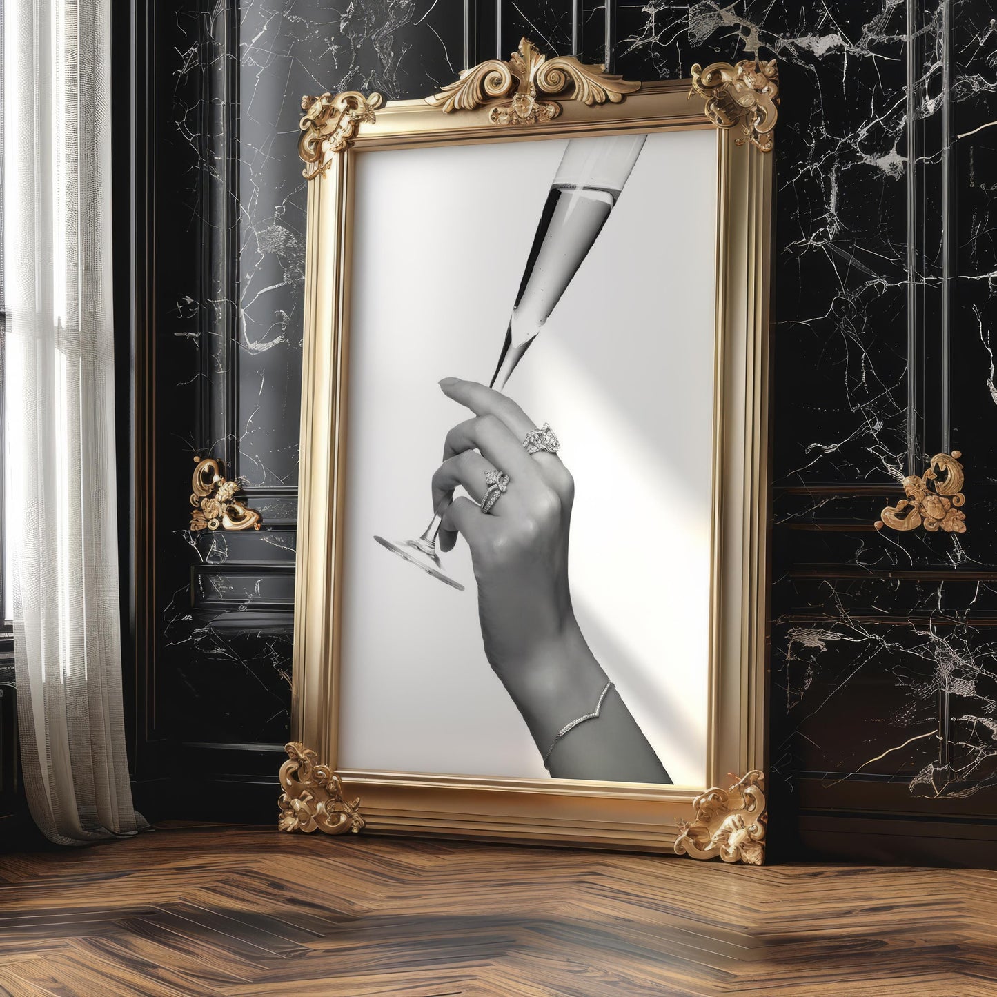 Designer Wall Art | Champagne Toast Print | Minimalist Black and White Glam Art wall art print, minimalist black and white poster, modern Scandinavian wall decor, Monohaus