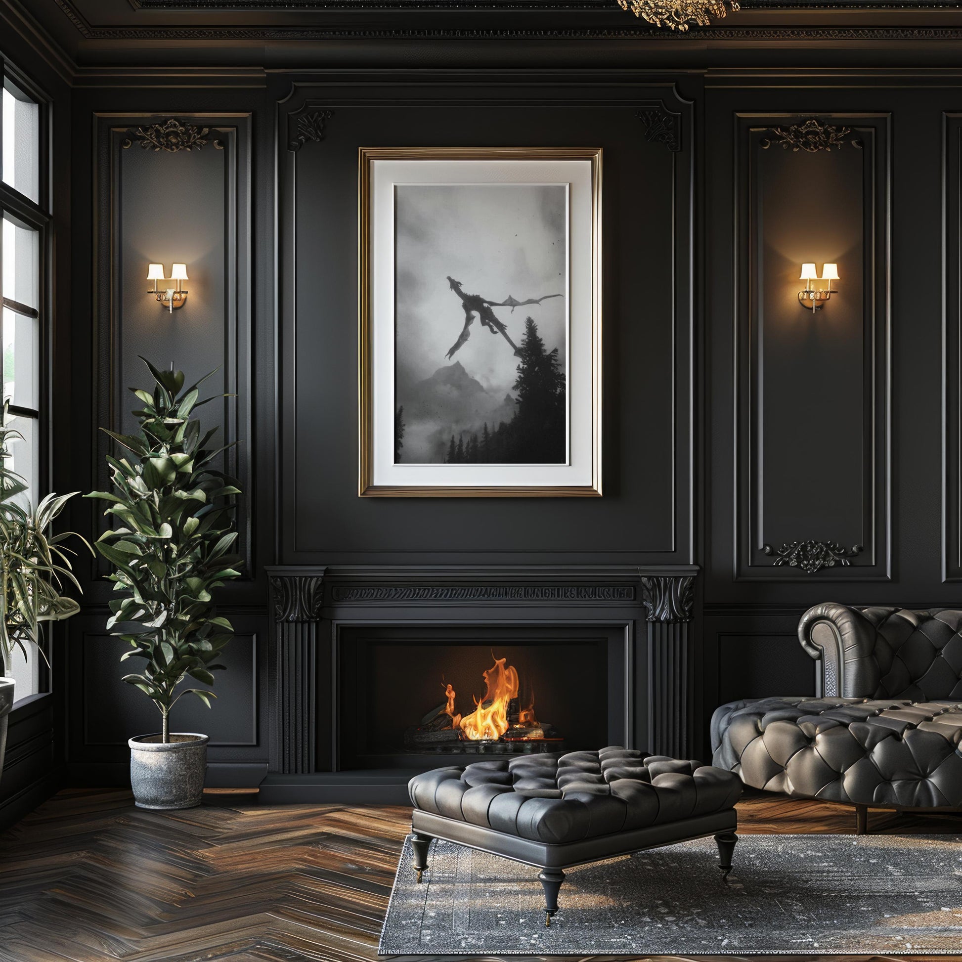 Designer Wall Art | Dragon Flying Print | Black & White Mountain Landscape Art wall art print, minimalist black and white poster, modern Scandinavian wall decor, Monohaus