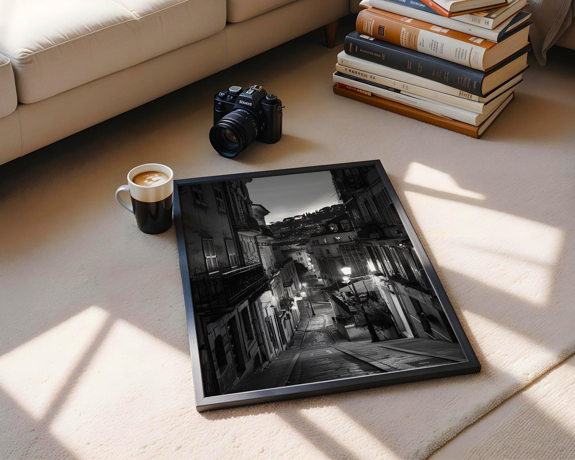 World Landmark | French Riviera Print | Old Town Street Black and White Photography black and white photo print, minimalist monochrome wall art poster for modern interiors, Monohaus
