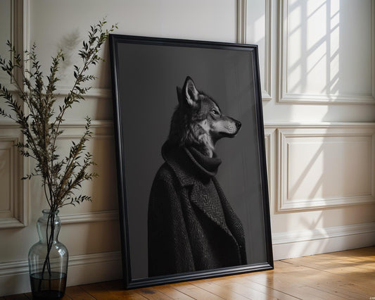 Designer Wall Art | Wolf in Turtleneck Print | Luxury Noir Animal Portrait wall art print, minimalist black and white poster, modern Scandinavian wall decor, Monohaus