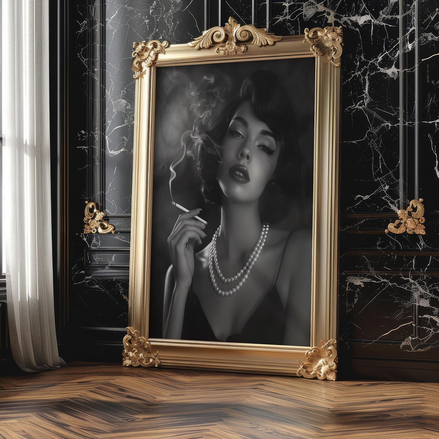 Minimal Wall Art Vintage Film Noir Woman Smoking | Black & White 1950s Fashion wall art print, minimalist black and white poster, modern Scandinavian wall decor, Monohaus