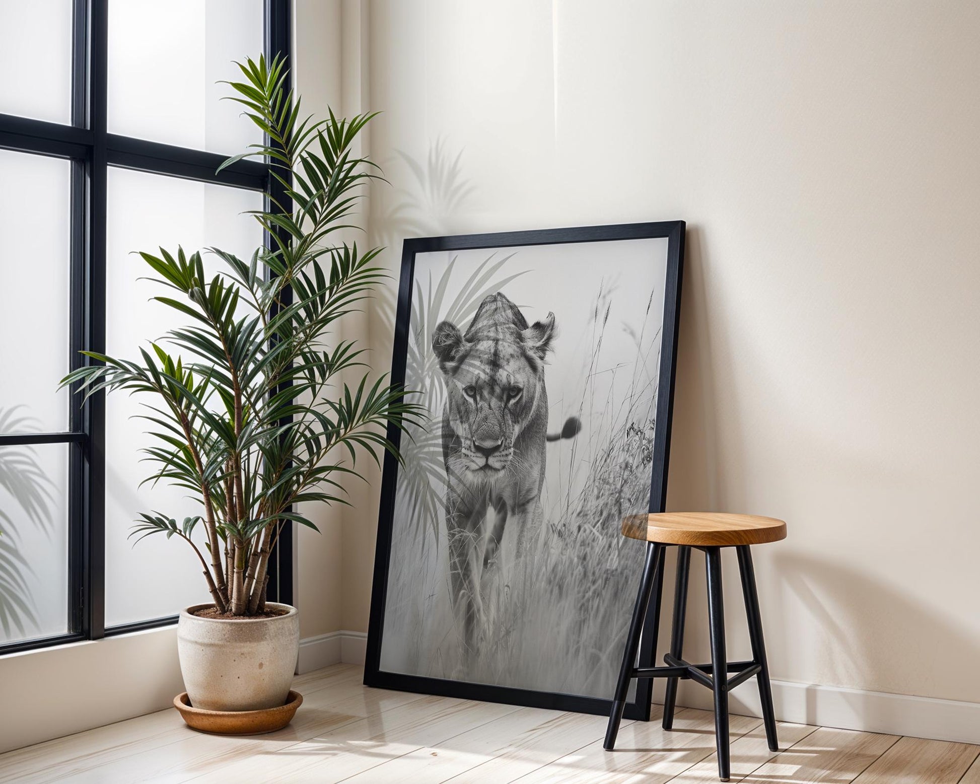 Wildlife Poster | Lioness Fine Art Print | Black & White Safari Photography wall art print, minimalist black and white poster, modern Scandinavian wall decor, Monohaus