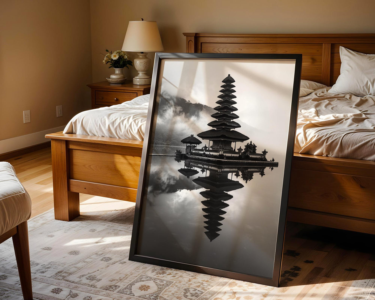 World Landmark | Ulun Danu Temple Print | Bali Lake Reflection, Black and White Asia Art wall art print, minimalist black and white poster, modern Scandinavian wall decor, Monohaus