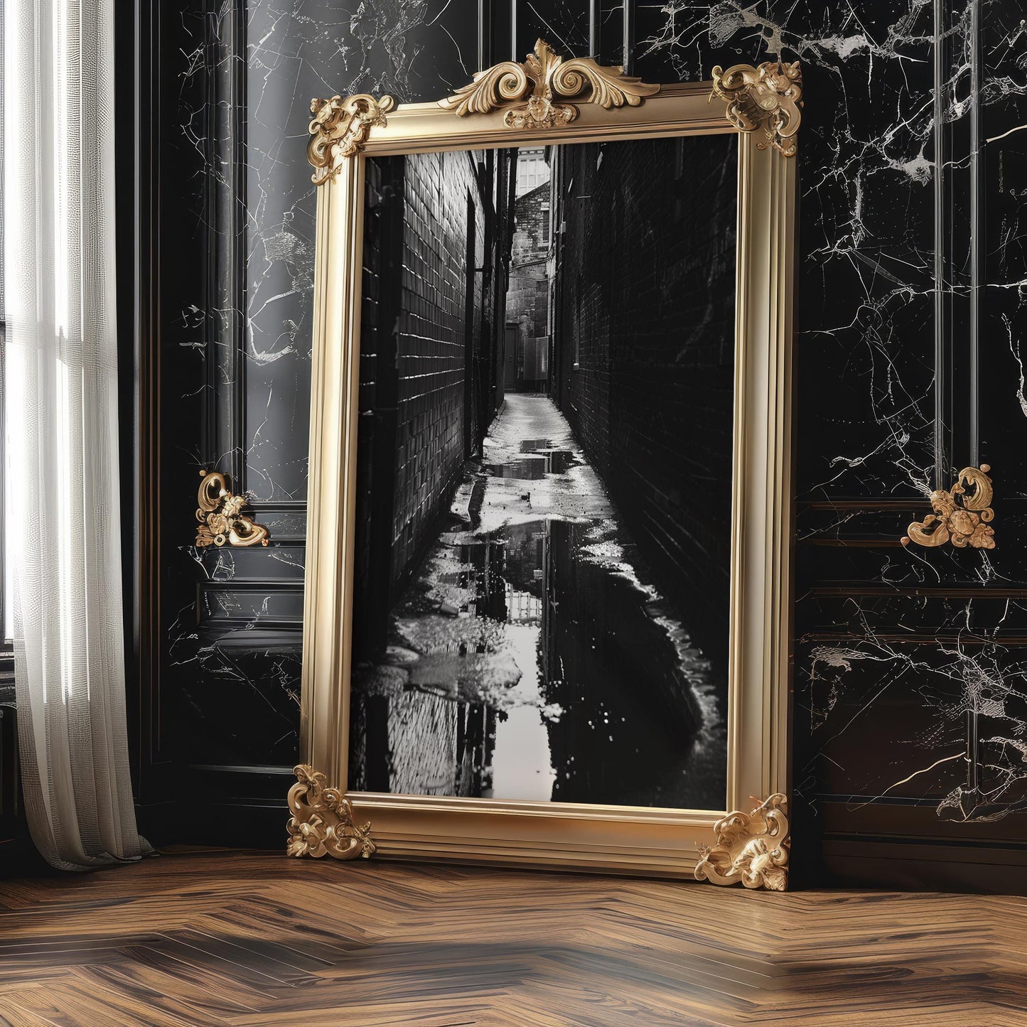 Urban Photography | Moody Cobblestone Alley Print | Black and White Urban Fine Art black and white photo print, minimalist monochrome wall art poster for modern interiors, Monohaus