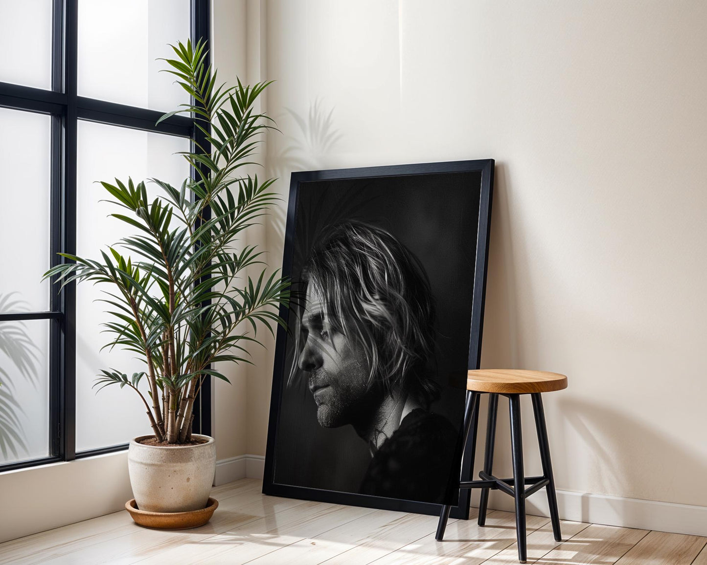 Minimal Wall Art Kurt Cobain Portrait Print | B&W Grunge Rock Legend Photography wall art print, minimalist black and white poster, modern Scandinavian wall decor, Monohaus