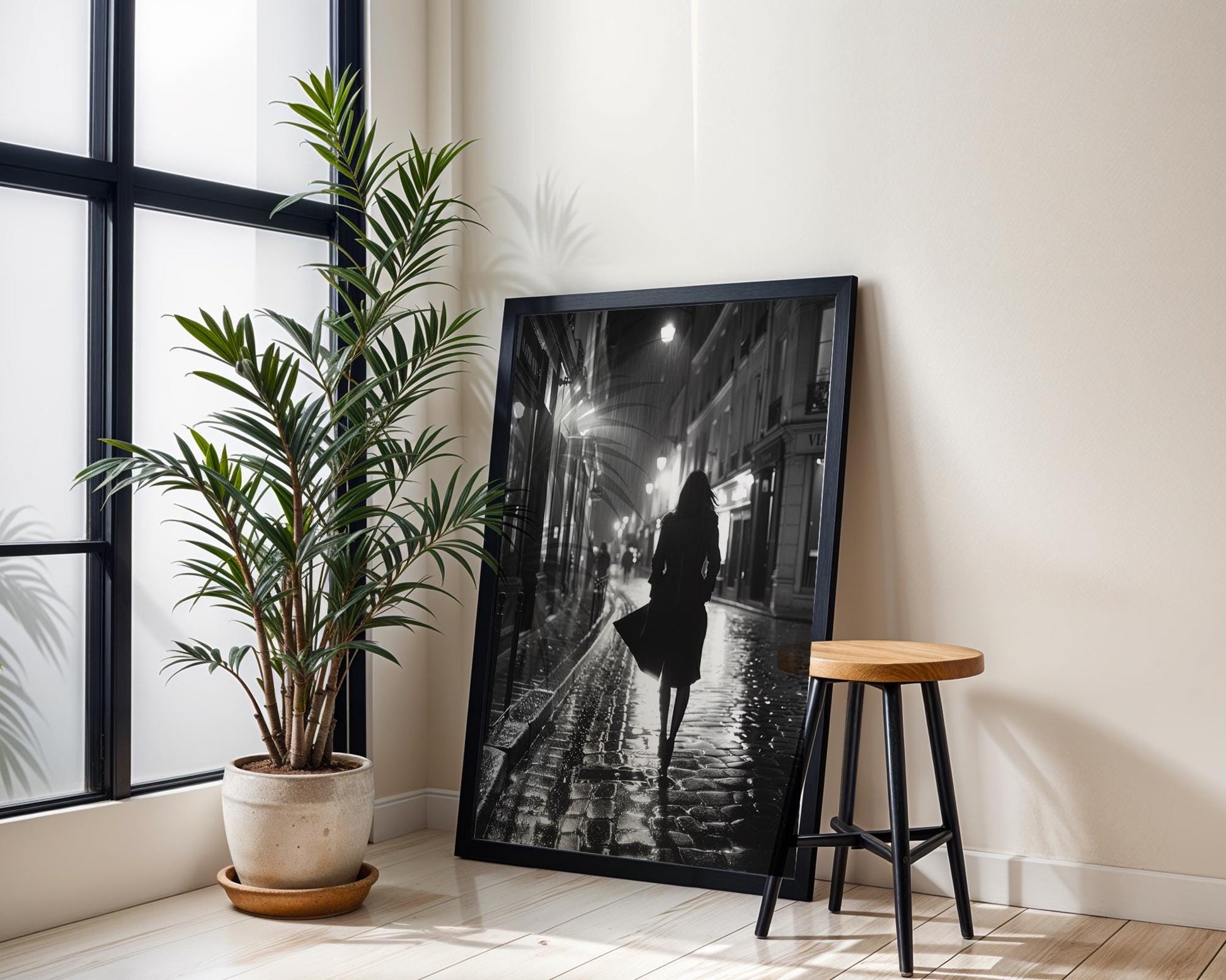 Urban Photography | Paris Street Photography Print | Noir Fine Art, Woman Walking at Night black and white photo print, minimalist monochrome wall art poster for modern interiors, Monohaus