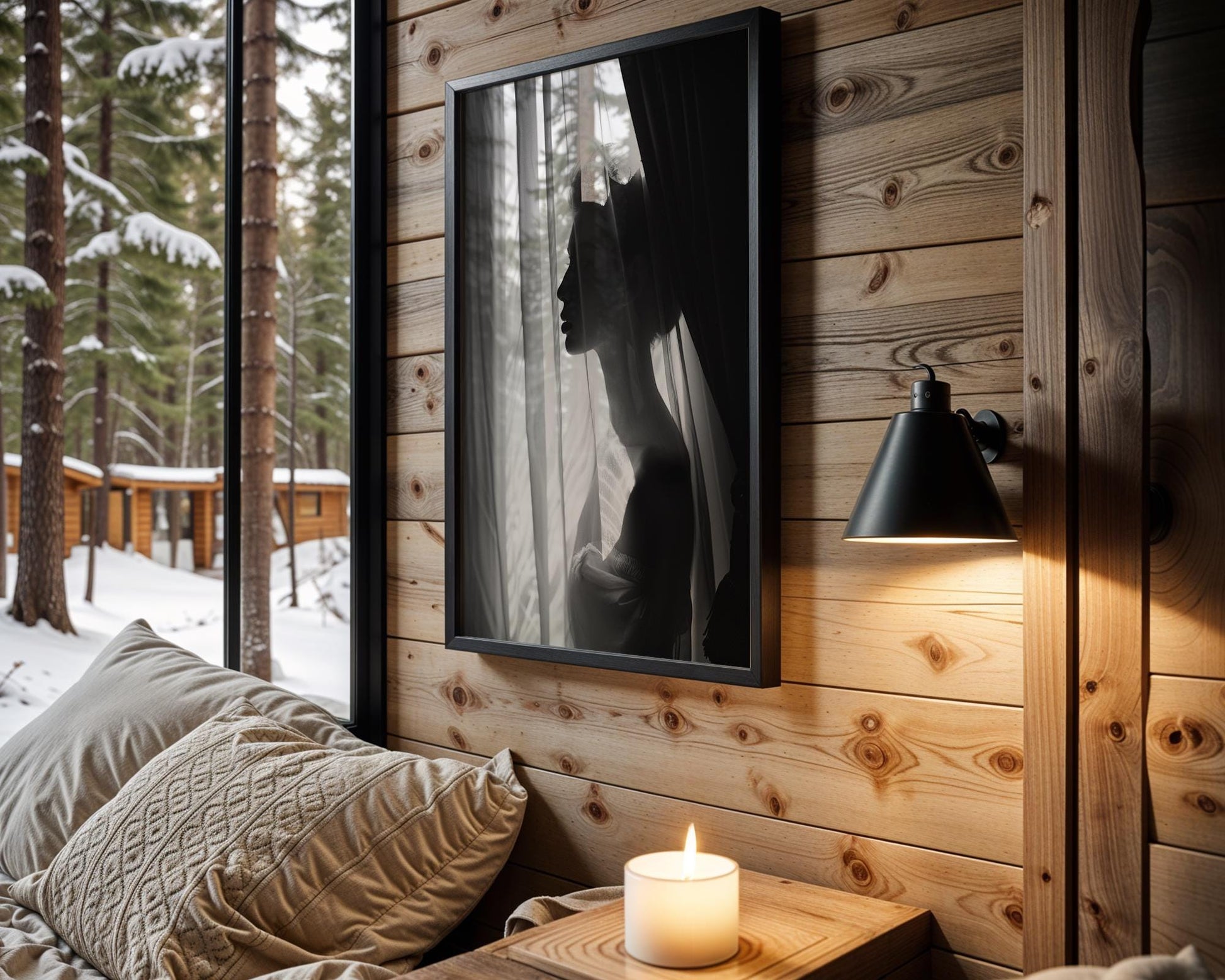 Minimal Wall Art Woman Silhouette Print | Gauzy Curtains, Black and White Fine Art wall art print, minimalist black and white poster, modern Scandinavian wall decor, Monohaus