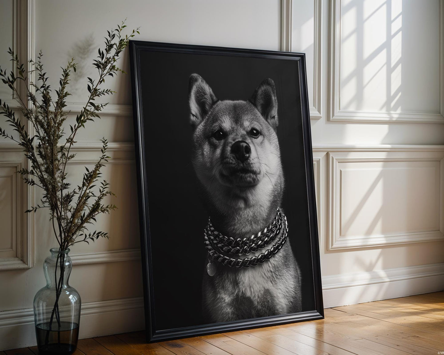 Dog Photography Shiba Inu Portrait Print | Black and White Pet with Chains wall art print, minimalist black and white poster, modern Scandinavian wall decor, Monohaus