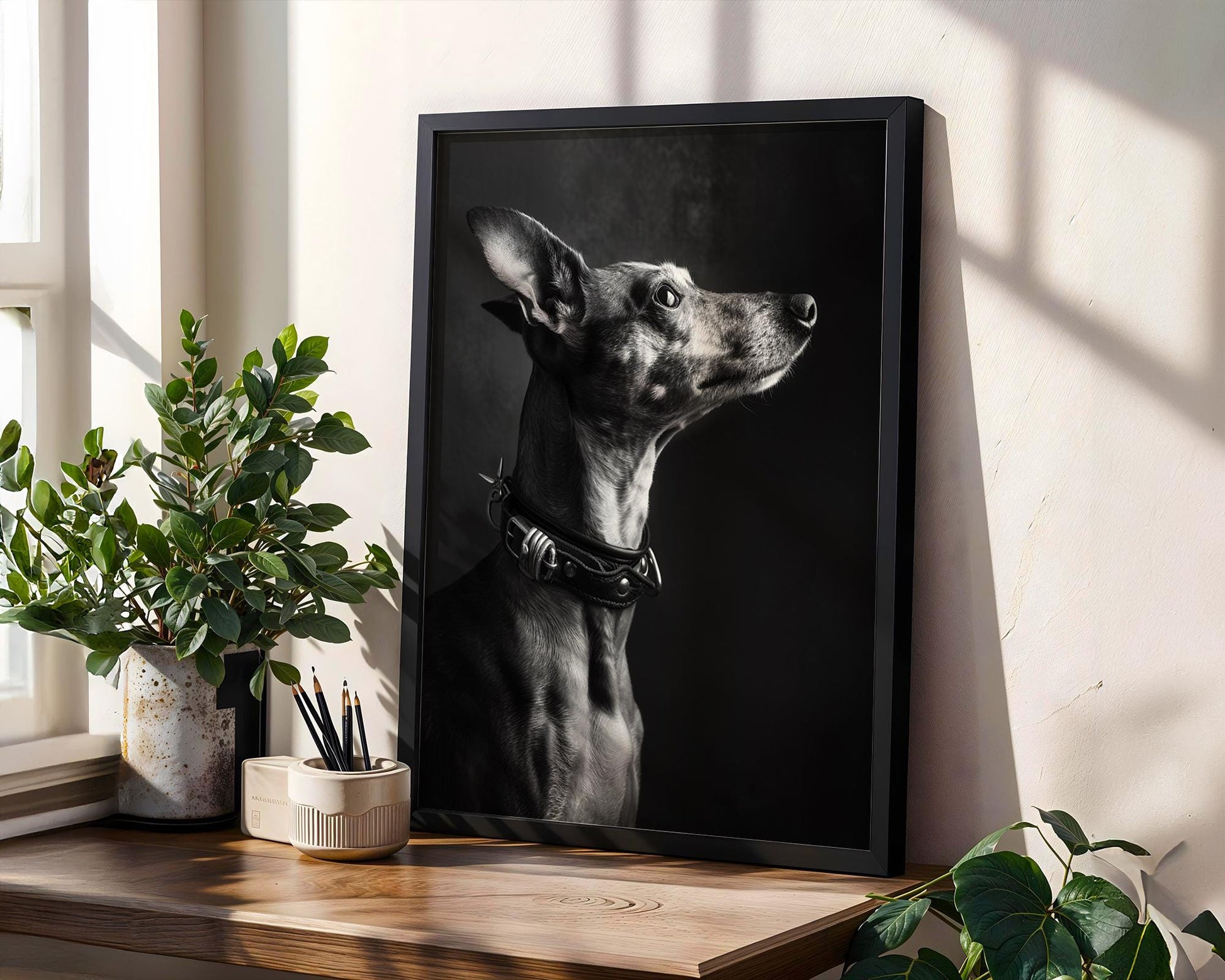 Dog Photography Monohaus Whippet Portrait Print | Moody Black and White Pet Art wall art print, minimalist black and white poster, modern Scandinavian wall decor, Monohaus