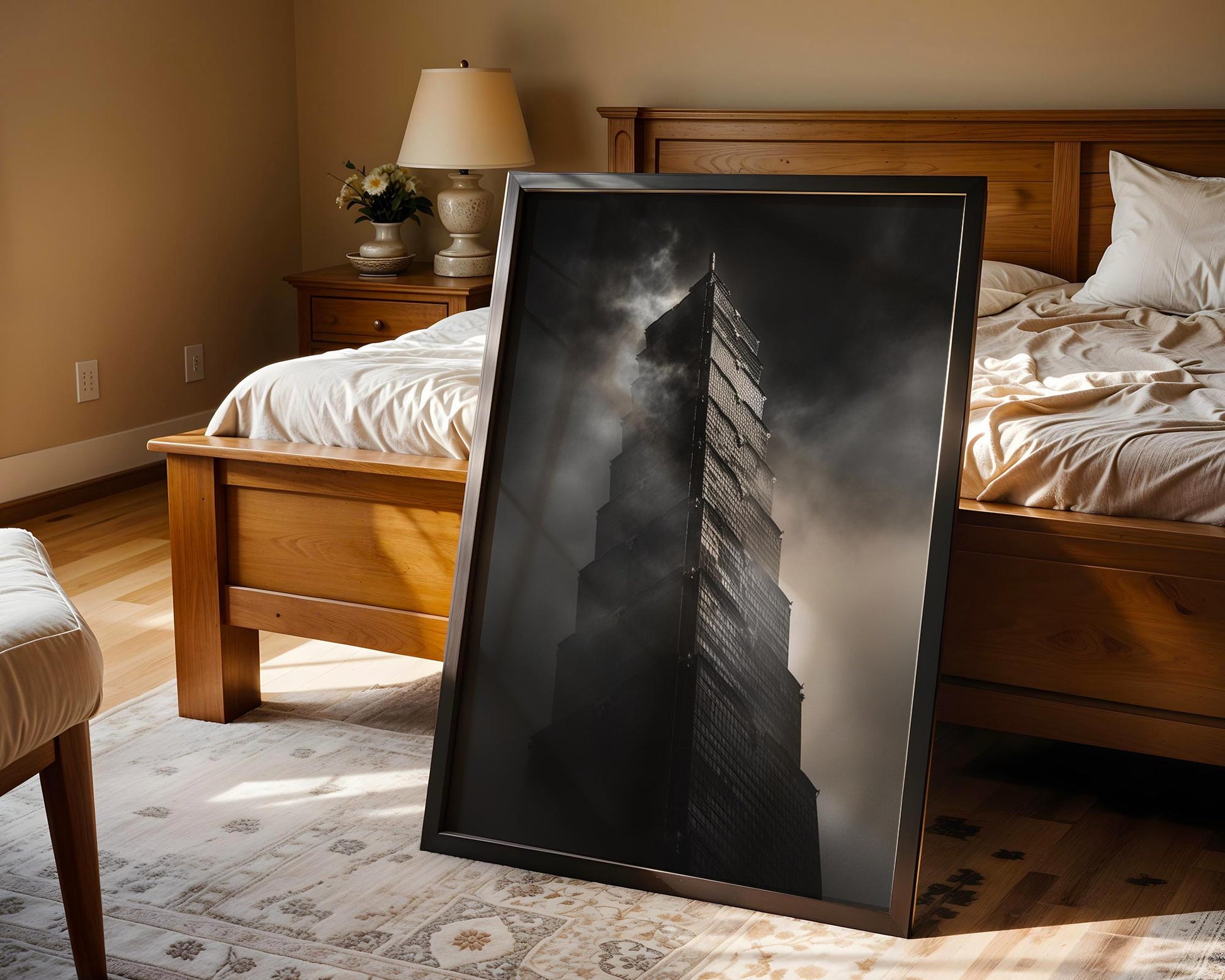 World Landmark | Taipei 101 Print | Foggy Taiwan Tower Black and White Photography wall art print, black and white architectural poster, minimalist modern Scandinavian wall decor, Monohaus