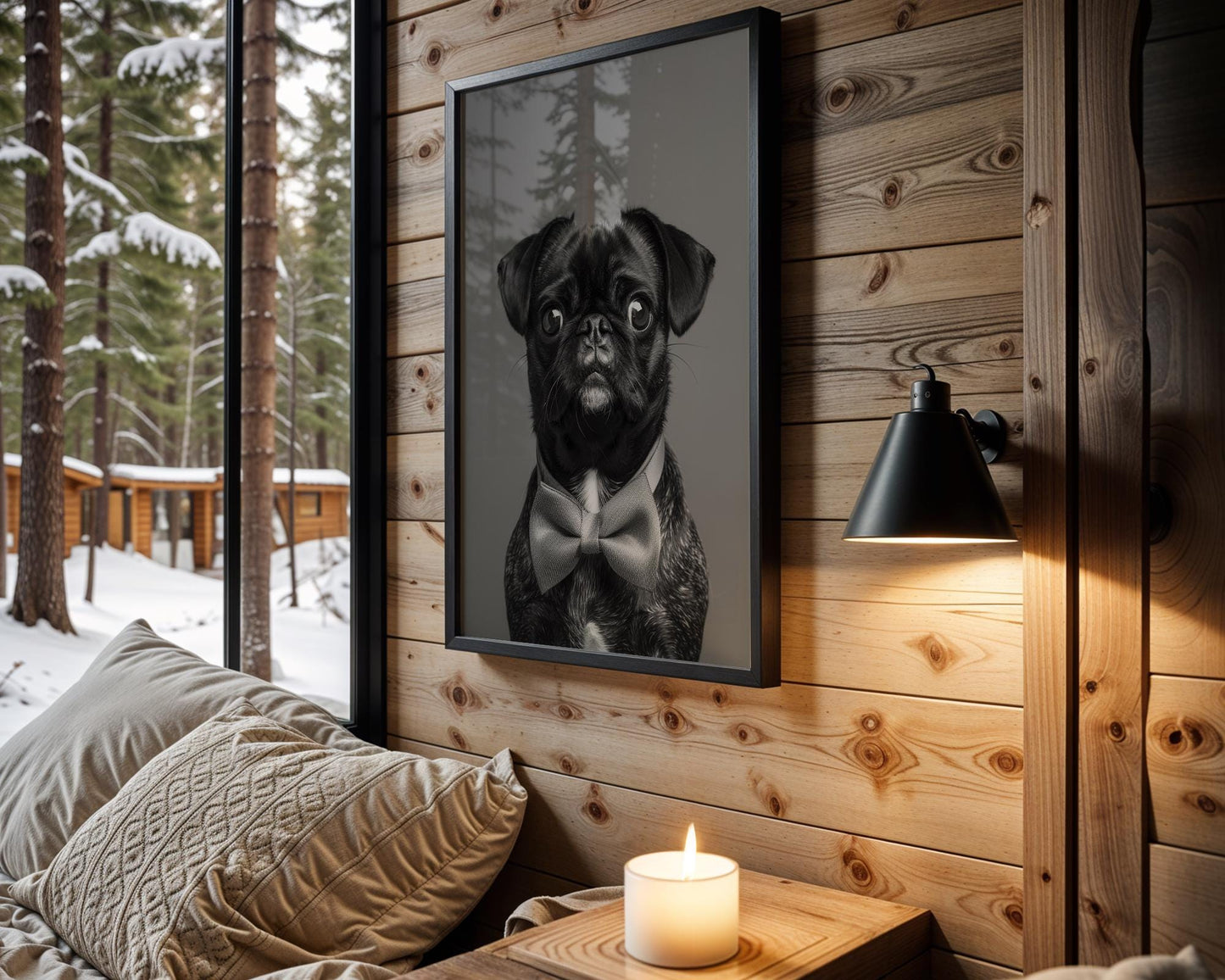 Dog Photography Black Pug Portrait Print | Pet with Bow Tie | Modern Poster wall art print, minimalist black and white poster, modern Scandinavian wall decor, Monohaus