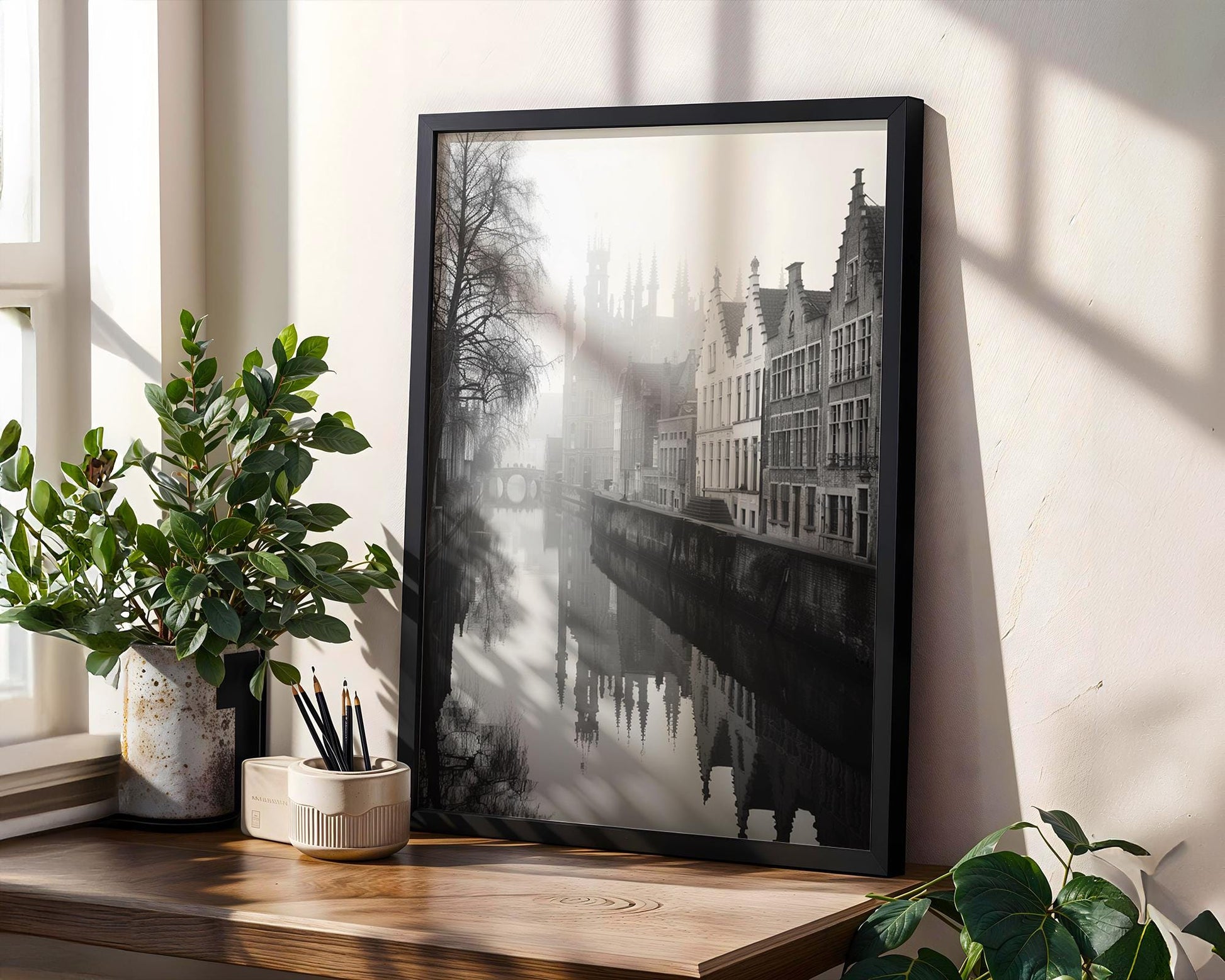 World Landmark | Bruges Belgium Photography Print | Black and White Canal Reflection wall art print, minimalist black and white poster, modern Scandinavian wall decor, Monohaus