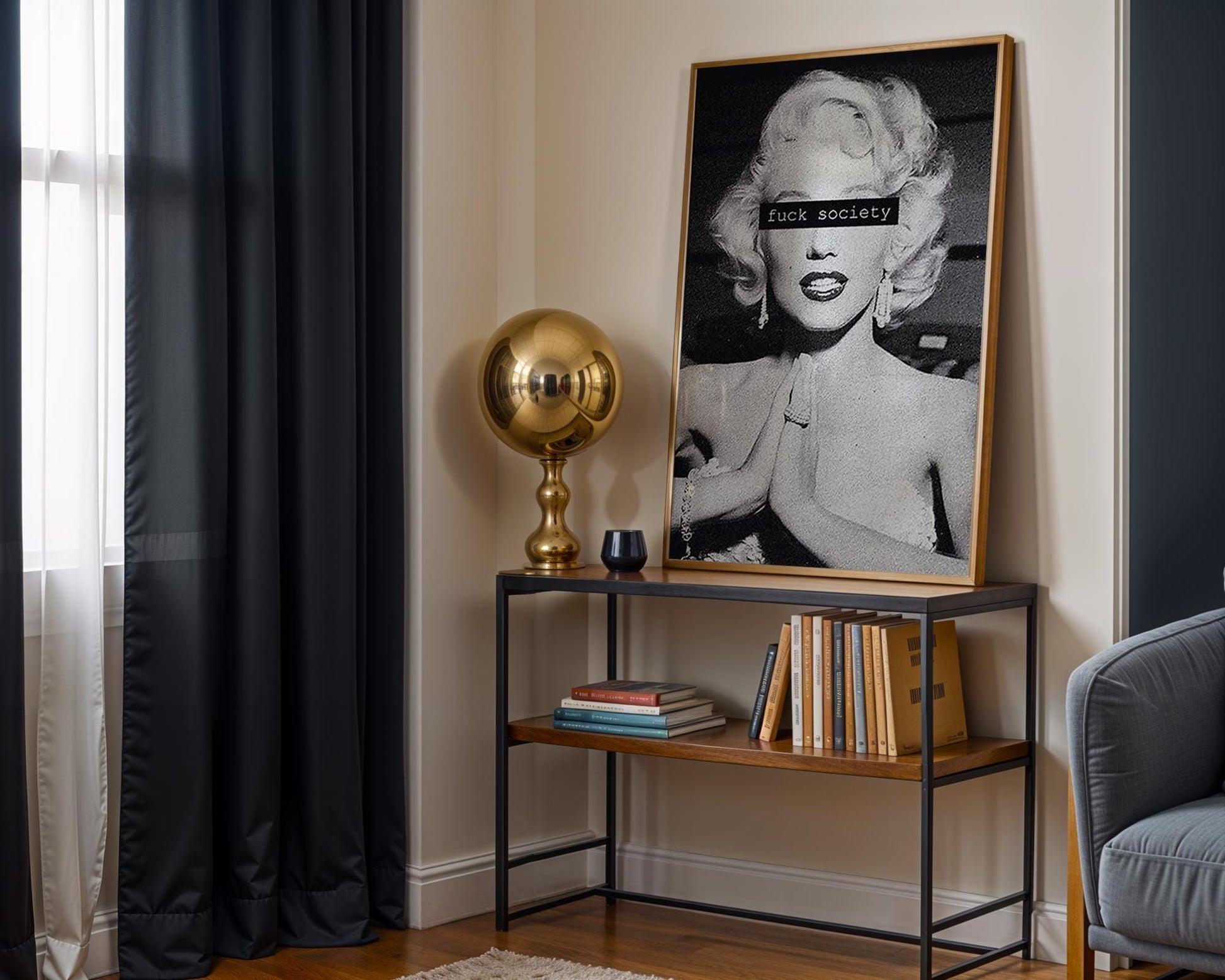 Designer Wall Art | Monochrome Monroe Portrait Print | Bold Censored Text, Pop Art Poster wall art print, minimalist black and white poster, modern Scandinavian wall decor, Monohaus