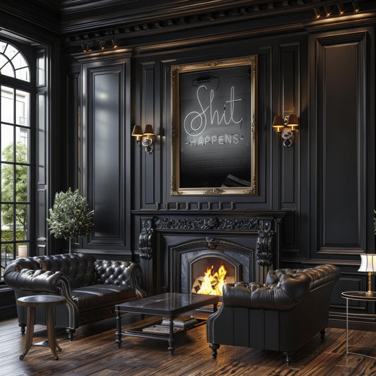 Designer Wall Art | Shit Happens Neon Sign Print | Black & White Quote Poster typography wall art print, minimalist black and white type poster, modern graphic design decor, Monohaus