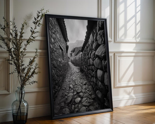 World Landmark | Ollantaytambo Peru Print | Stone Alleyway, Black and White Andes Photography wall art print, minimalist black and white poster, modern Scandinavian wall decor, Monohaus