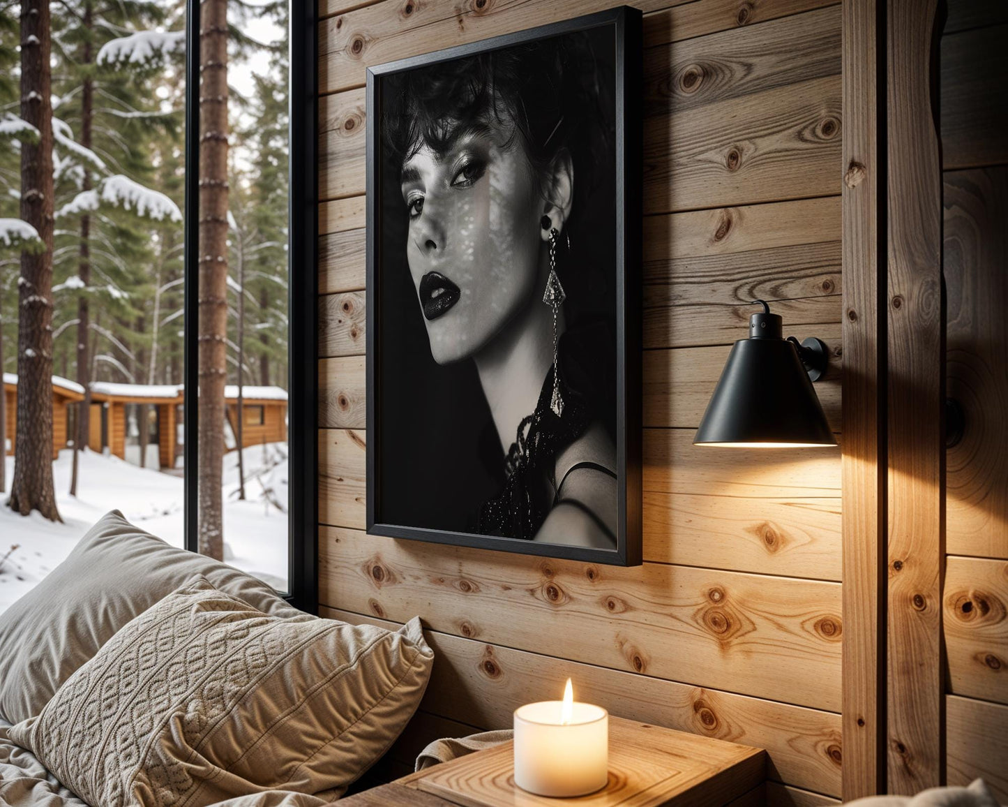 Minimal Wall Art Glamour Portrait Print | Sultry Woman, Glitter Lips, Black and White wall art print, minimalist black and white poster, modern Scandinavian wall decor, Monohaus